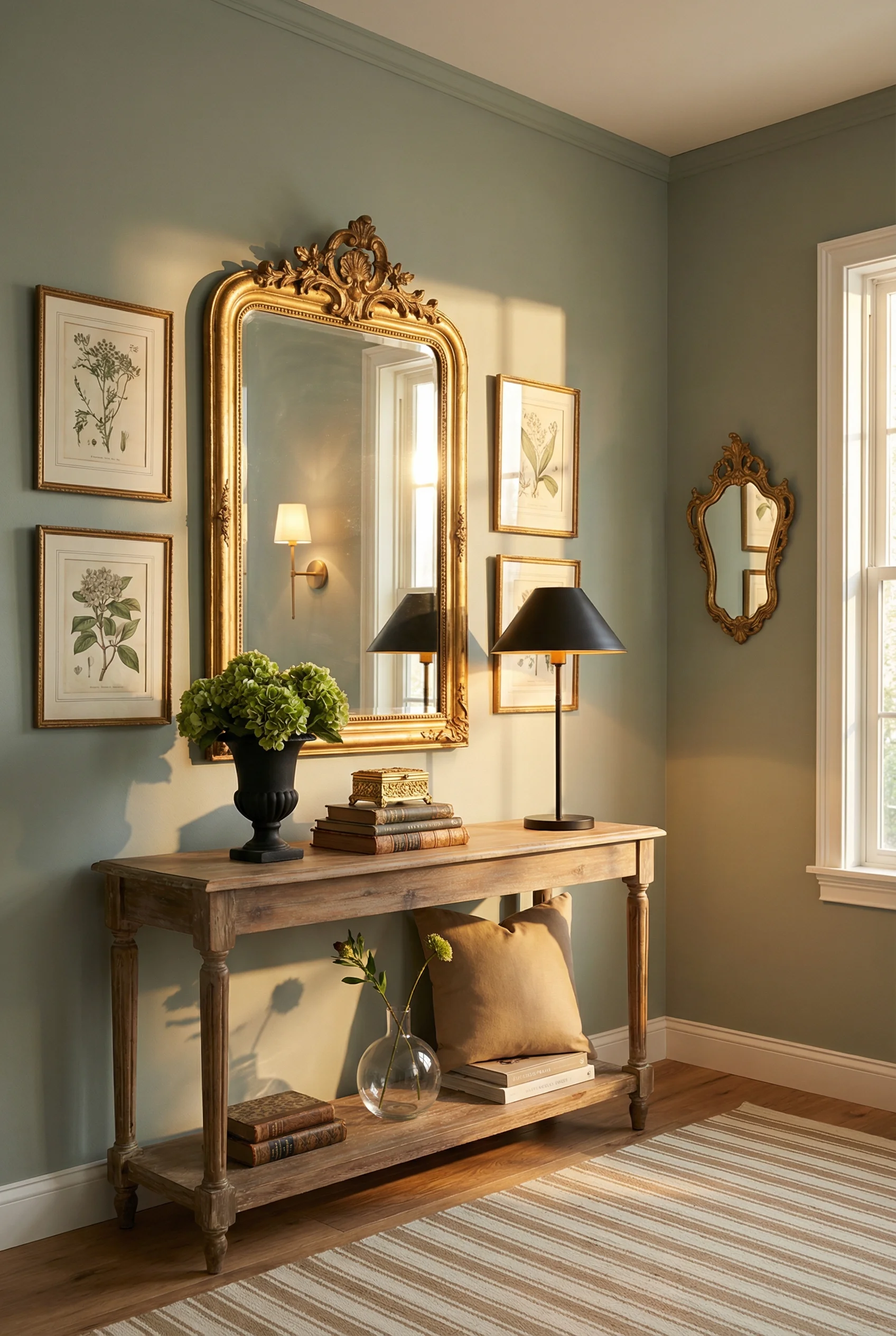 French country decor featuring ornate gilt mirror with vintage botanical prints and brass lamp on sage walls