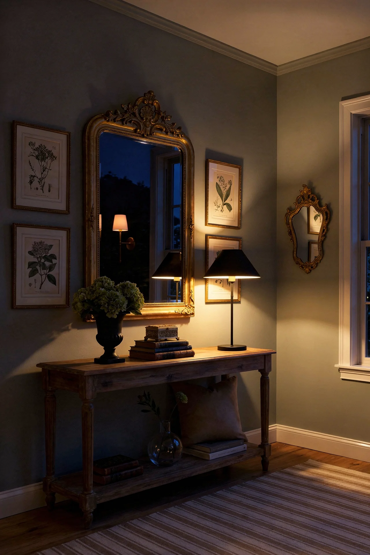 French country decor featuring ornate gilt mirror with vintage botanical prints and brass lamp on sage walls evening mood