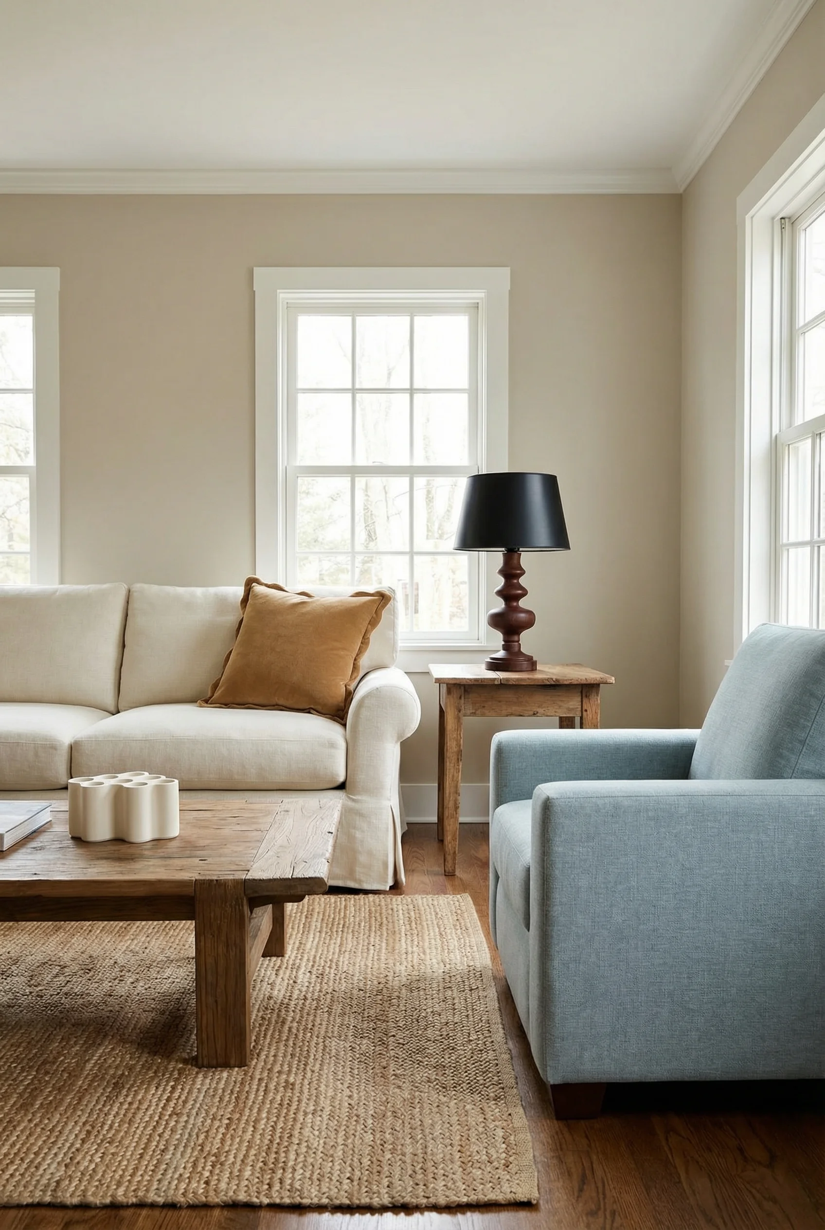 French country cottage living room featuring ivory linen slipcovered sofa with carved bergere armchair and reclaimed coffee table