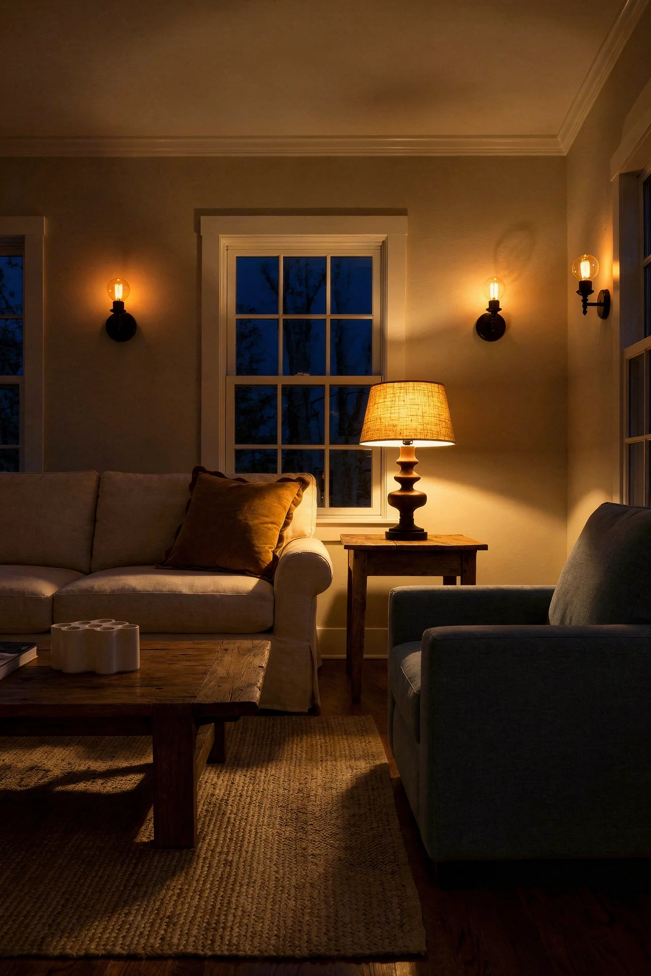 French country cottage living room featuring ivory linen slipcovered sofa with carved bergere armchair and reclaimed coffee table evening mood