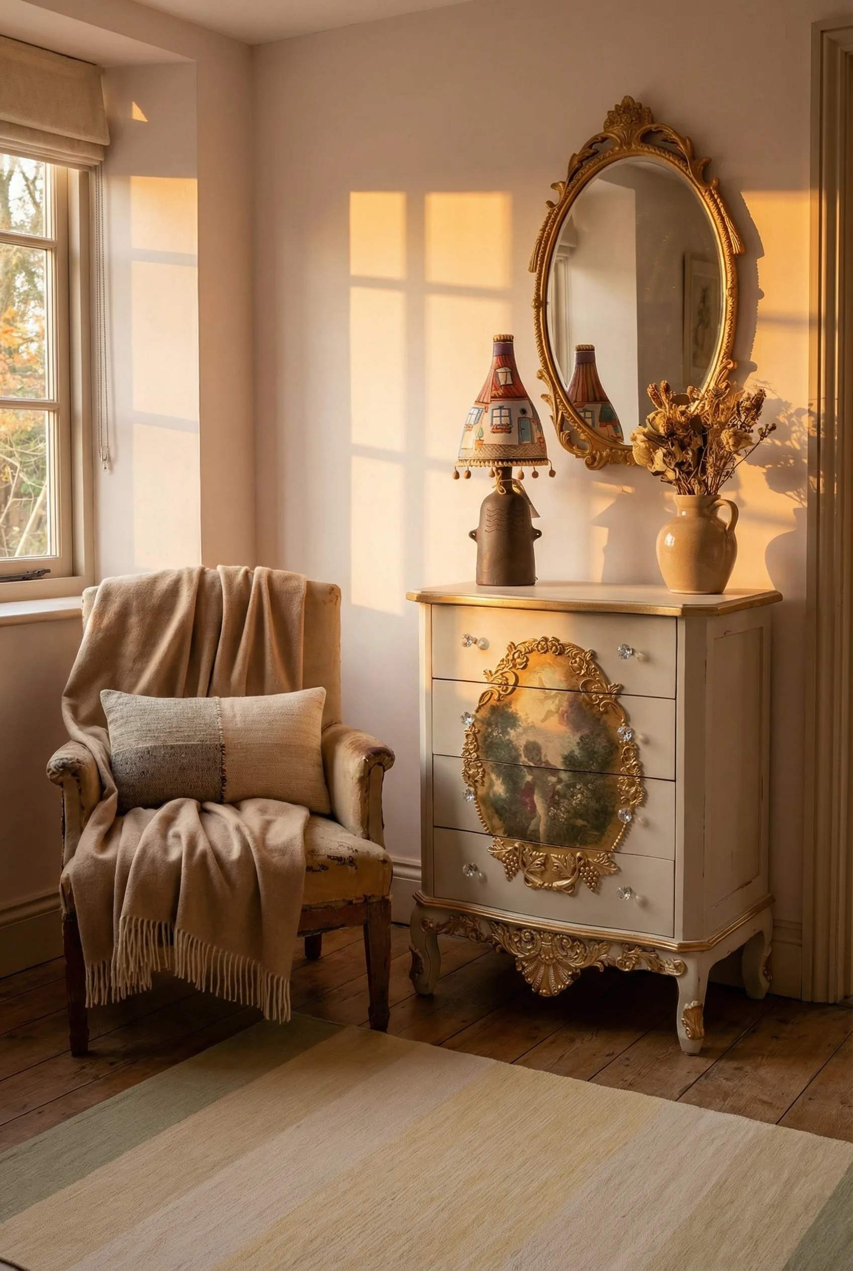 French Country Living Room featuring distressed gilded chest of drawers with oval baroque mirror