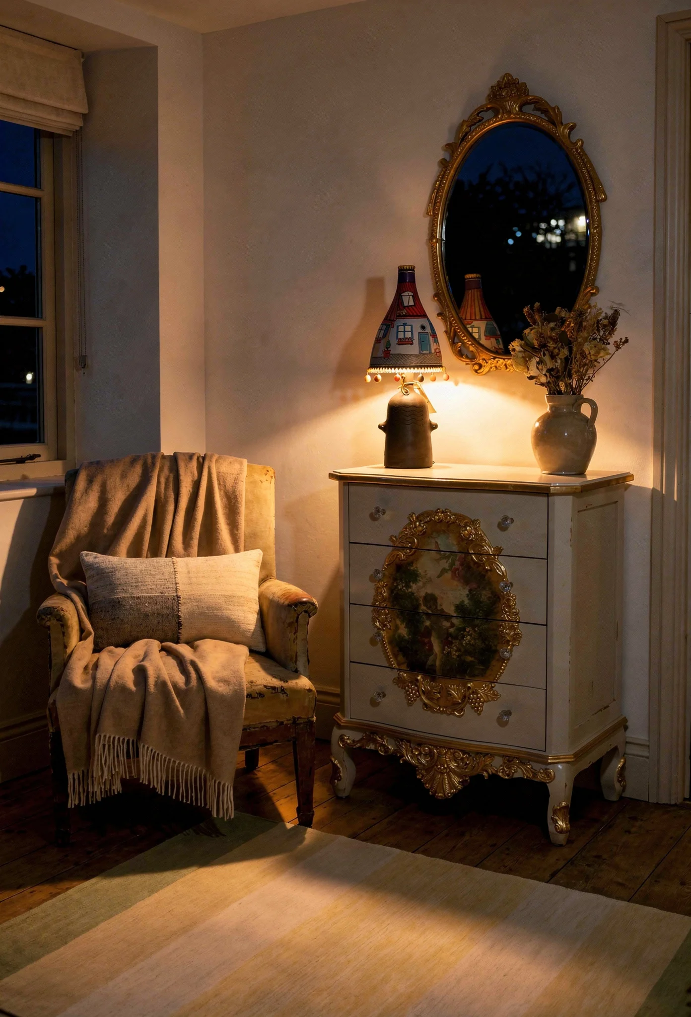 French Country Living Room featuring distressed gilded chest of drawers with oval baroque mirror evening mood