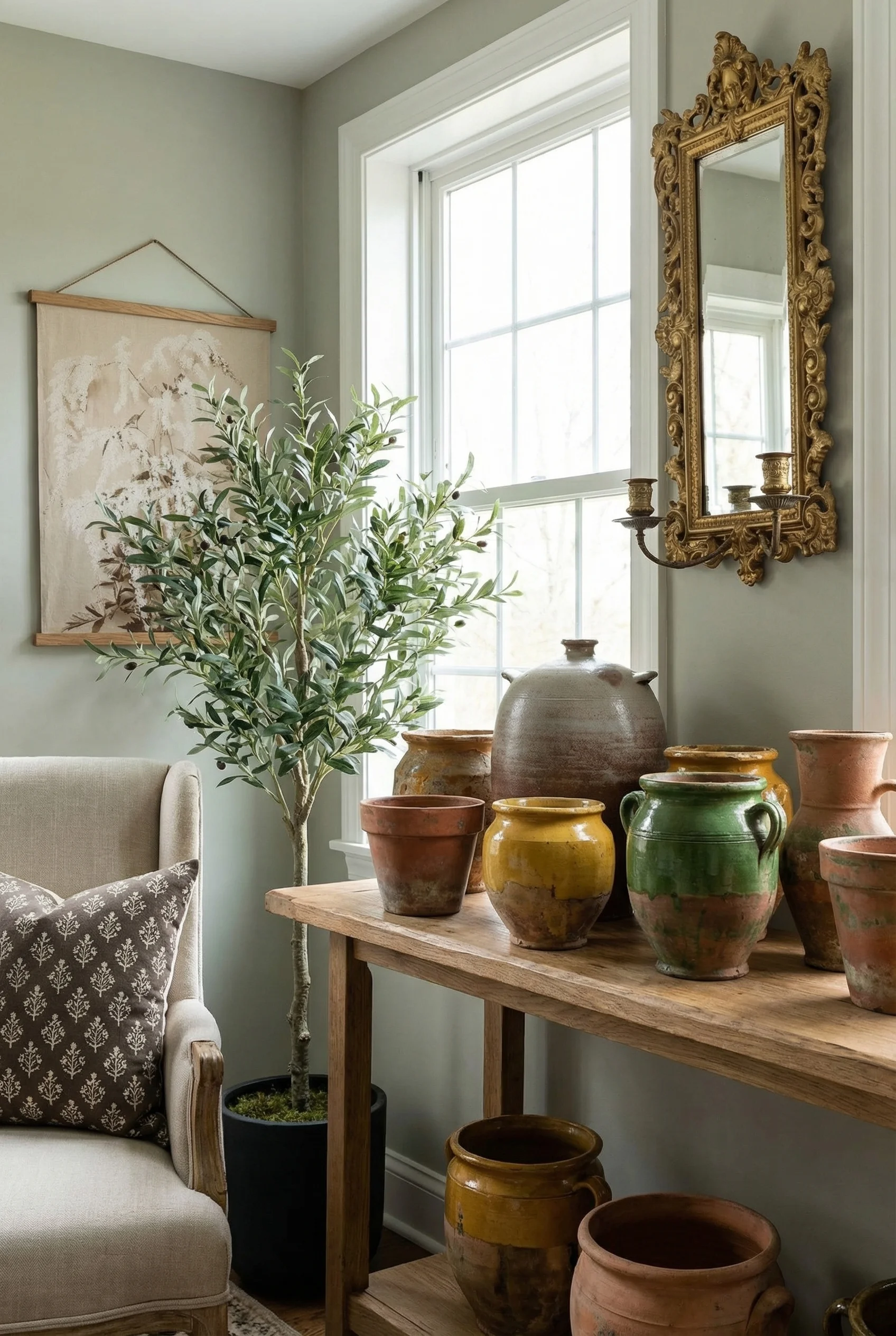 French Country Living Room featuring antique confit pot collection with faux olive tree on rustic oak shelf