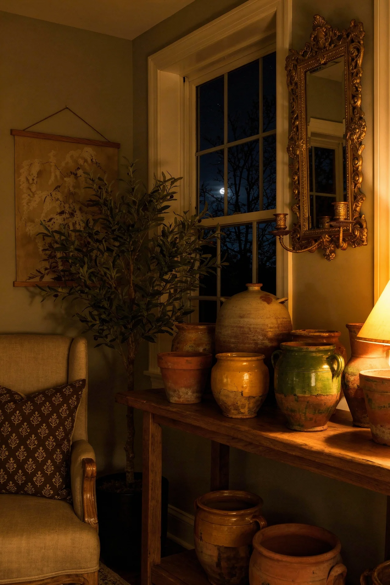French Country Living Room featuring antique confit pot collection with faux olive tree on rustic oak shelf evening mood