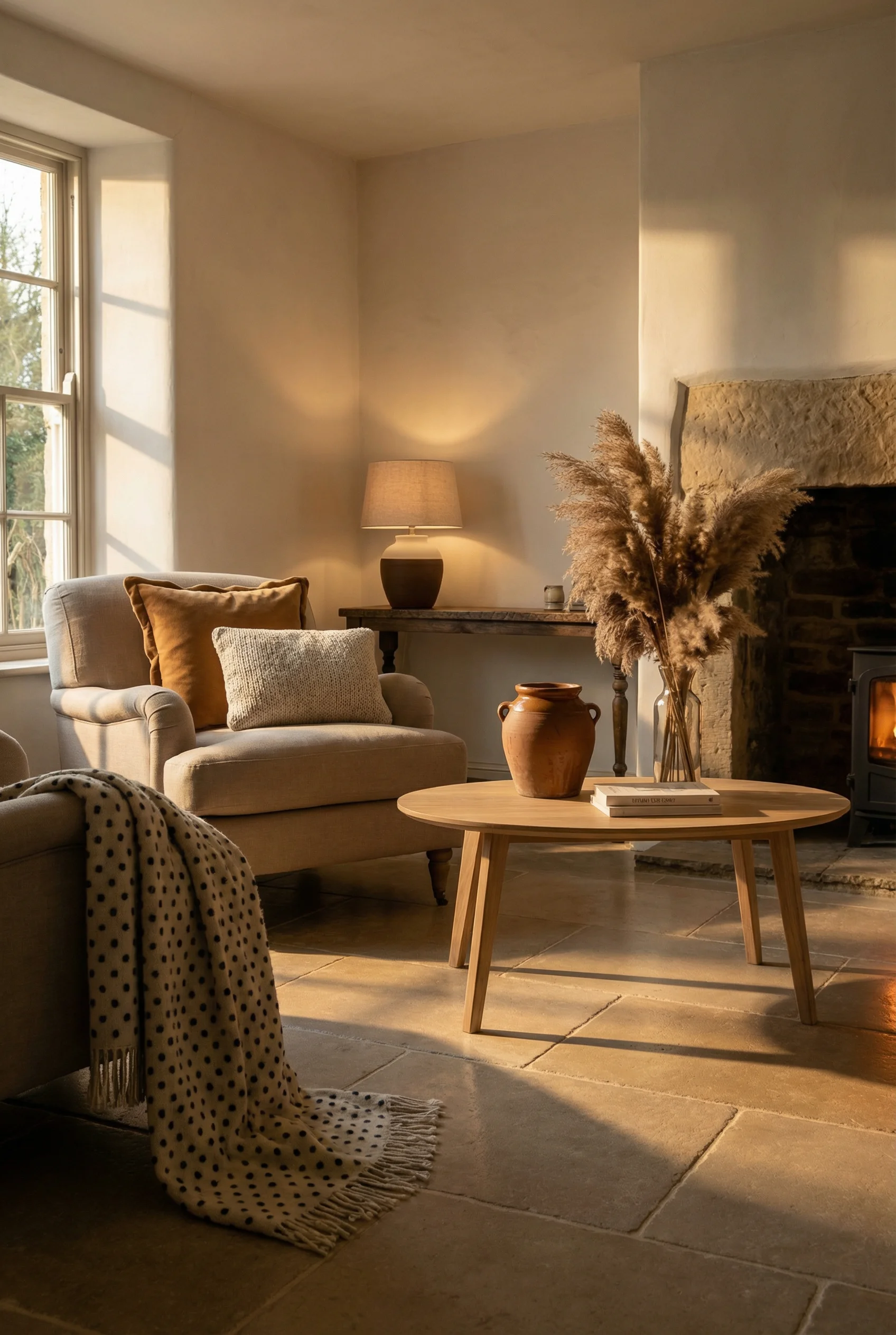 French Country Living Room featuring rustic oval oak coffee table with limestone hearth and warm throws