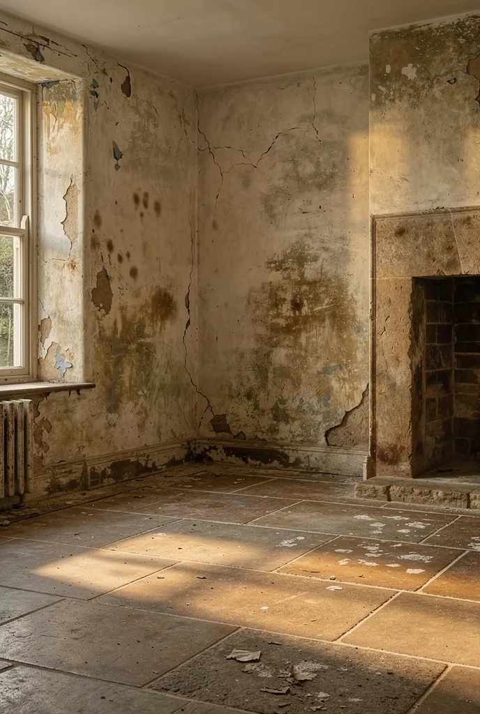 French Country Living Room featuring rustic oval oak coffee table with limestone hearth and warm throws empty room