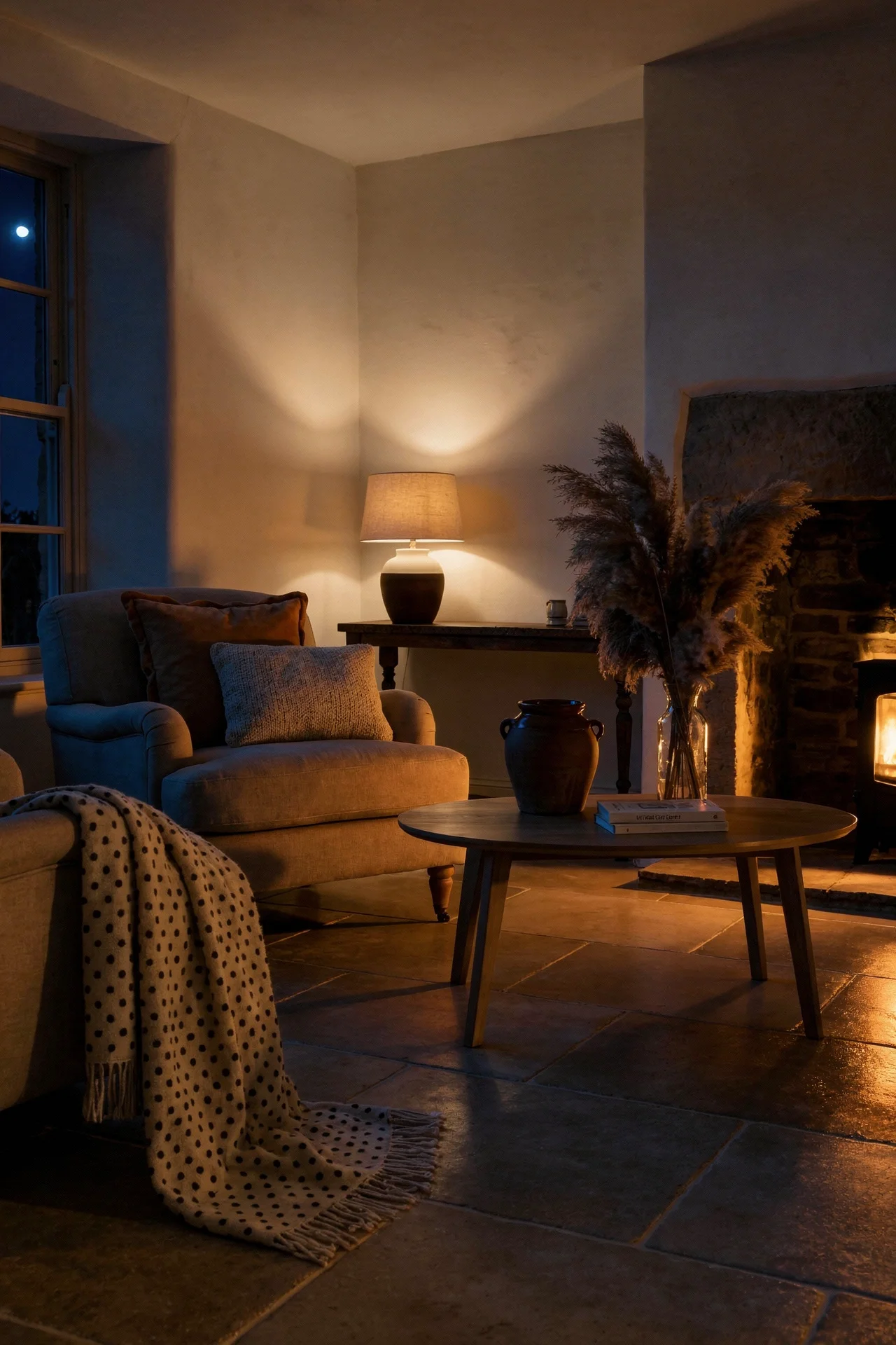 French Country Living Room featuring rustic oval oak coffee table with limestone hearth and warm throws evening mood