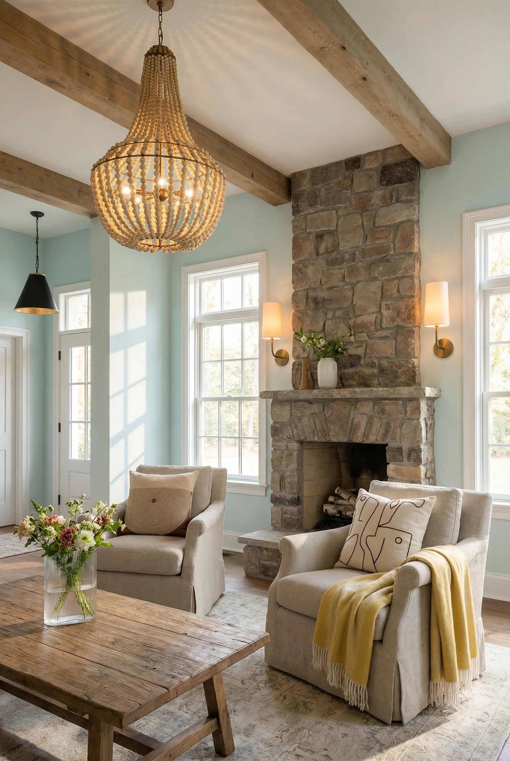 French country living room featuring tan silk chandelier with iron frame and brass wall sconces flanking stone fireplace