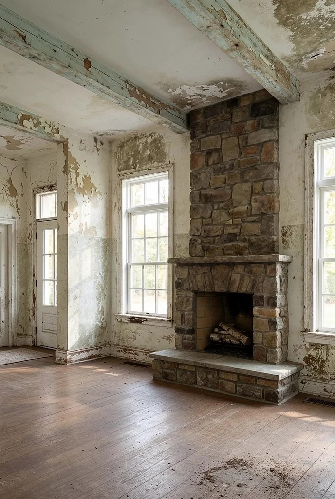 French country living room featuring tan silk chandelier with iron frame and brass wall sconces flanking stone fireplace empty room