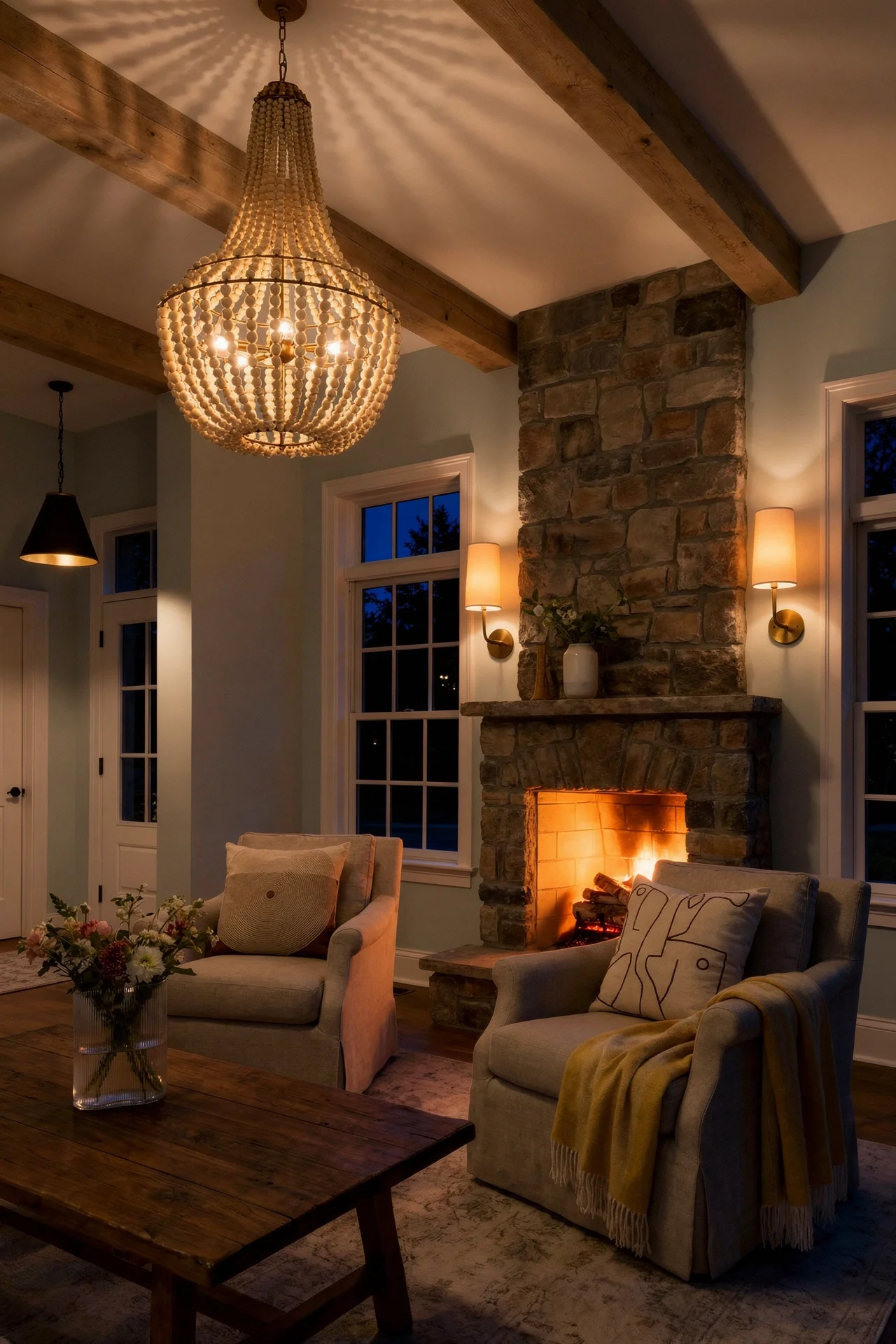 French country living room featuring tan silk chandelier with iron frame and brass wall sconces flanking stone fireplace evening mood