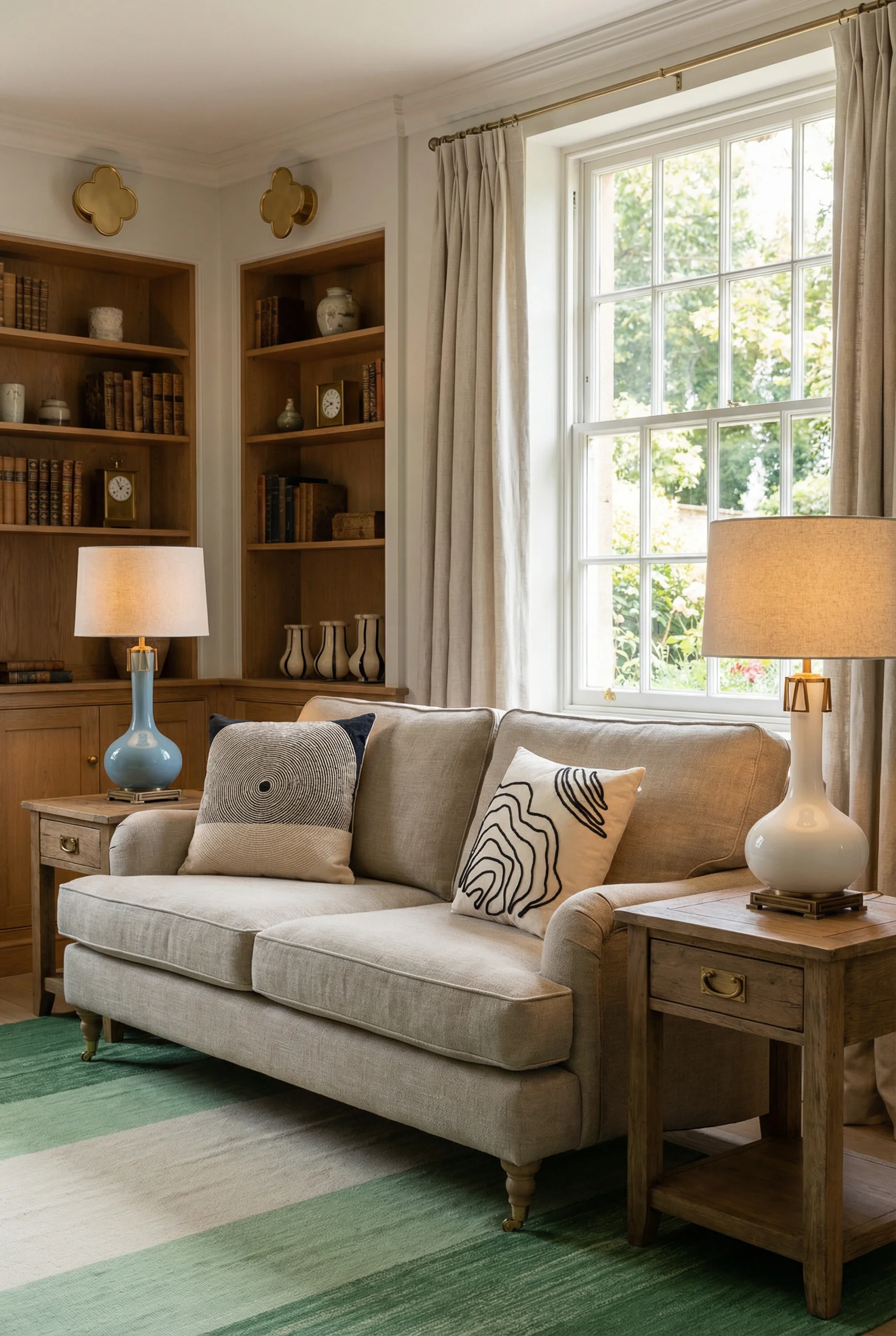 French Country Living Room featuring blue ceramic table lamps flanking linen sofa with gold wall sconce and green striped rug