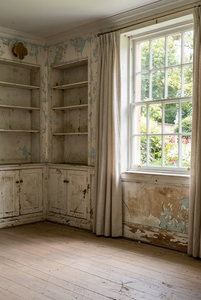 French Country Living Room featuring blue ceramic table lamps flanking linen sofa with gold wall sconce and green striped rug empty room