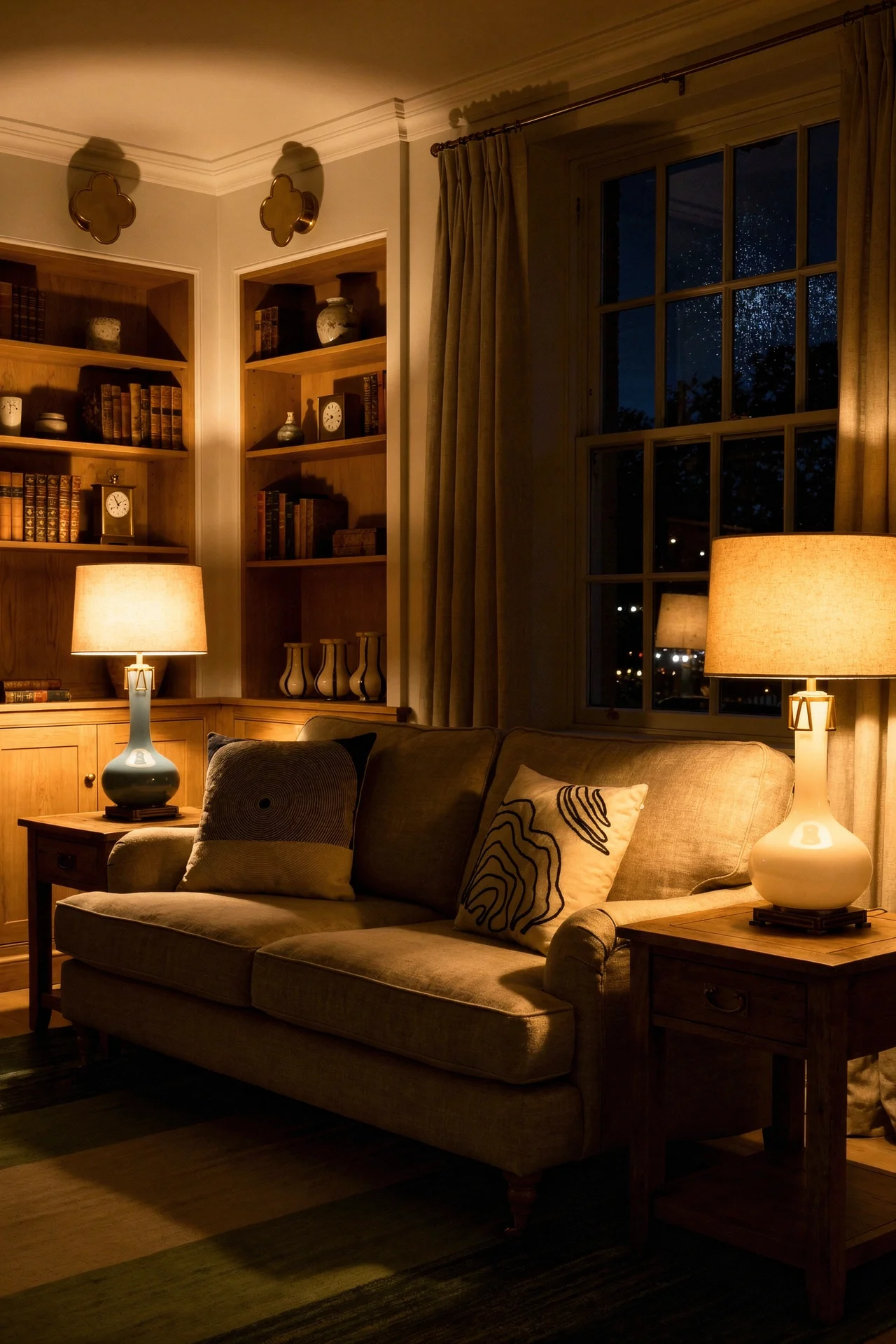 French Country Living Room featuring blue ceramic table lamps flanking linen sofa with gold wall sconce and green striped rug evening mood
