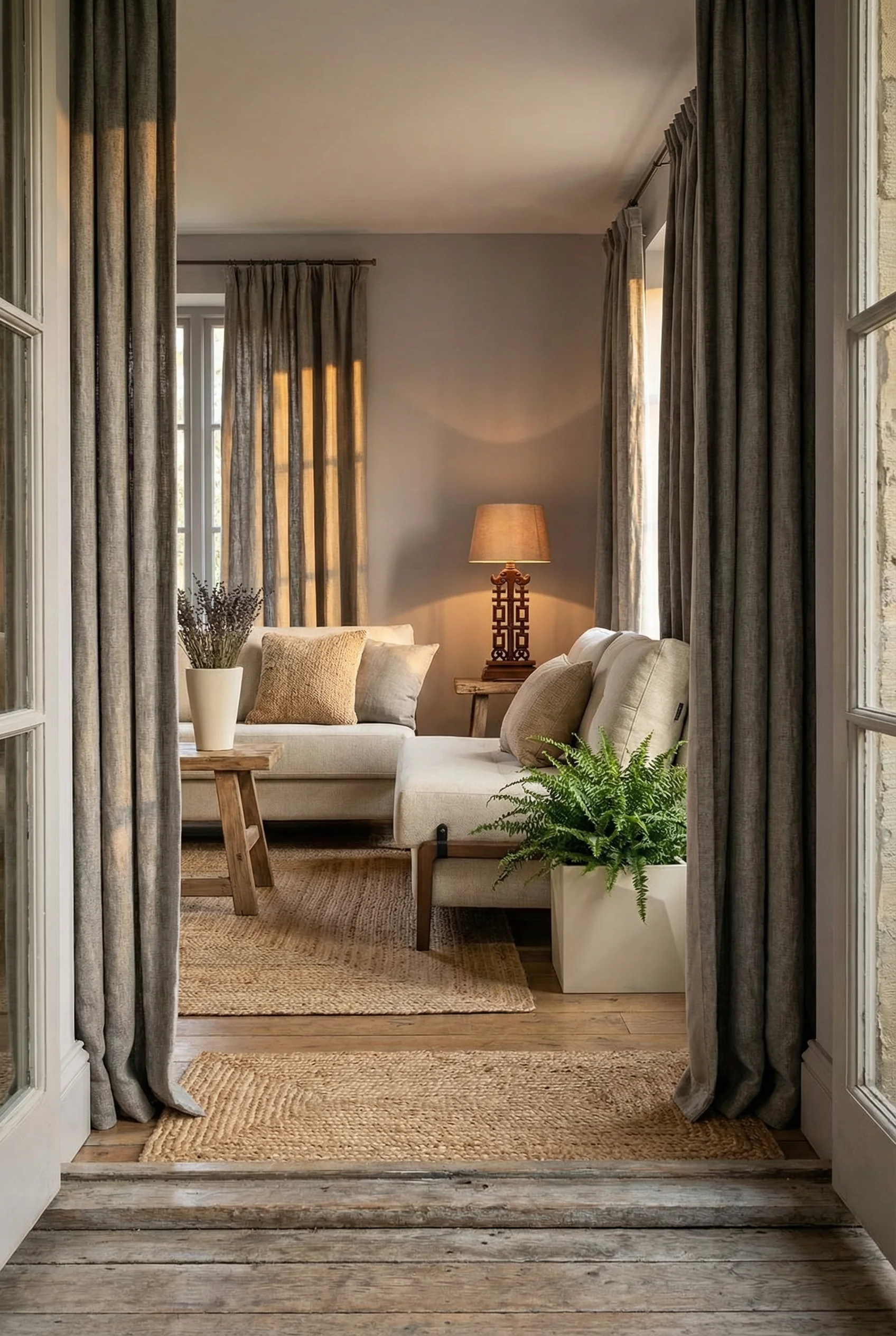 French country textures featuring ivory sofa through doorway with gray brown linen curtains and natural jute rug