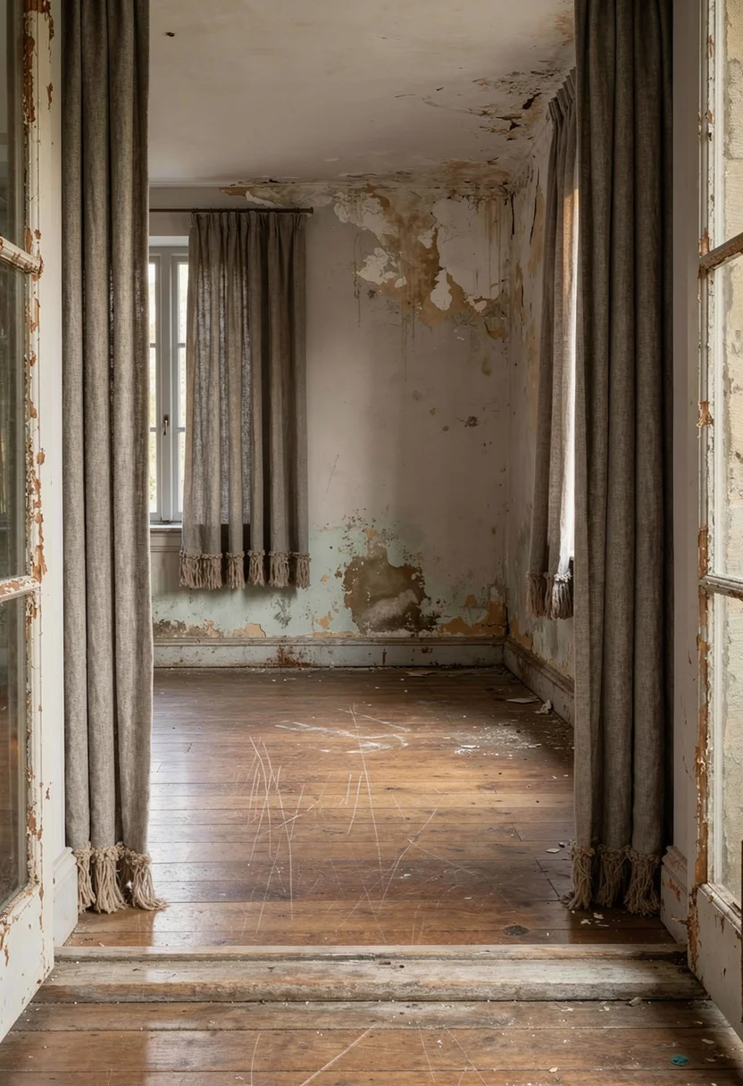 French country textures featuring ivory sofa through doorway with gray brown linen curtains and natural jute rug empty room