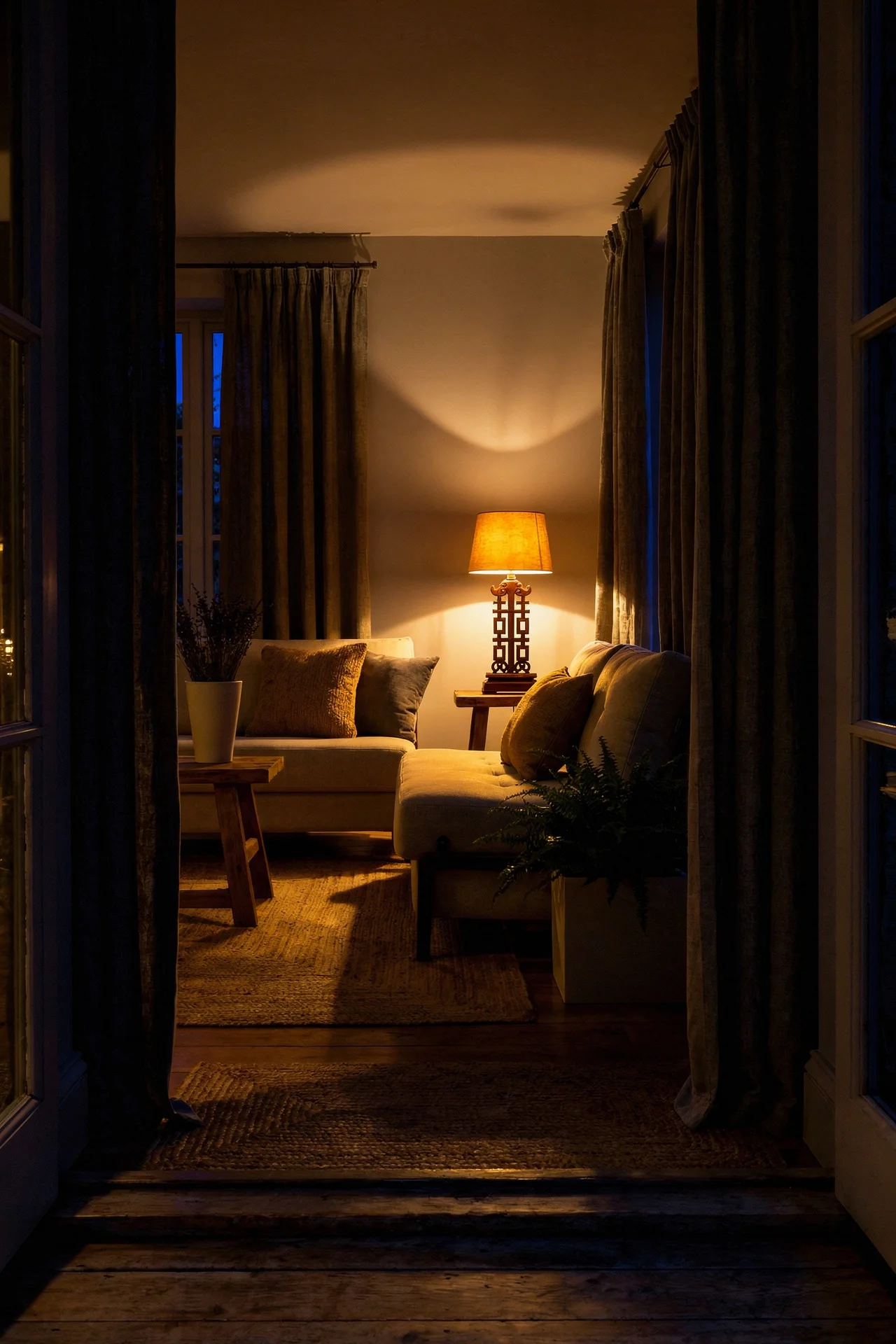 French country textures featuring ivory sofa through doorway with gray brown linen curtains and natural jute rug evening mood