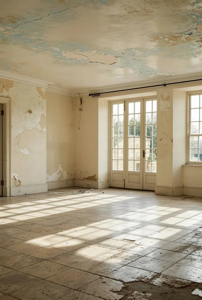 Blue French country kitchen before renovation empty room