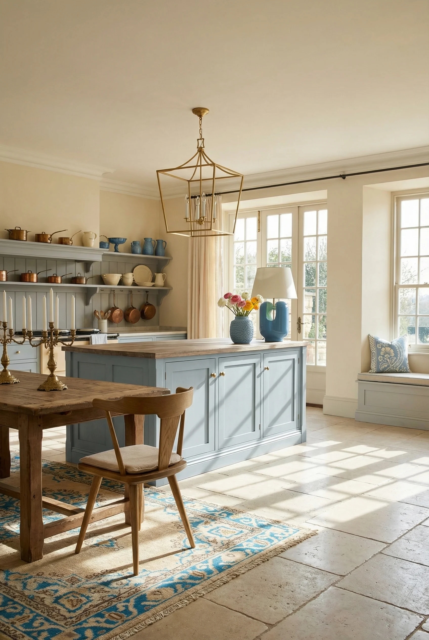 Blue French country kitchen featuring brass lantern chandelier over chalky blue island with oak dining chairs
