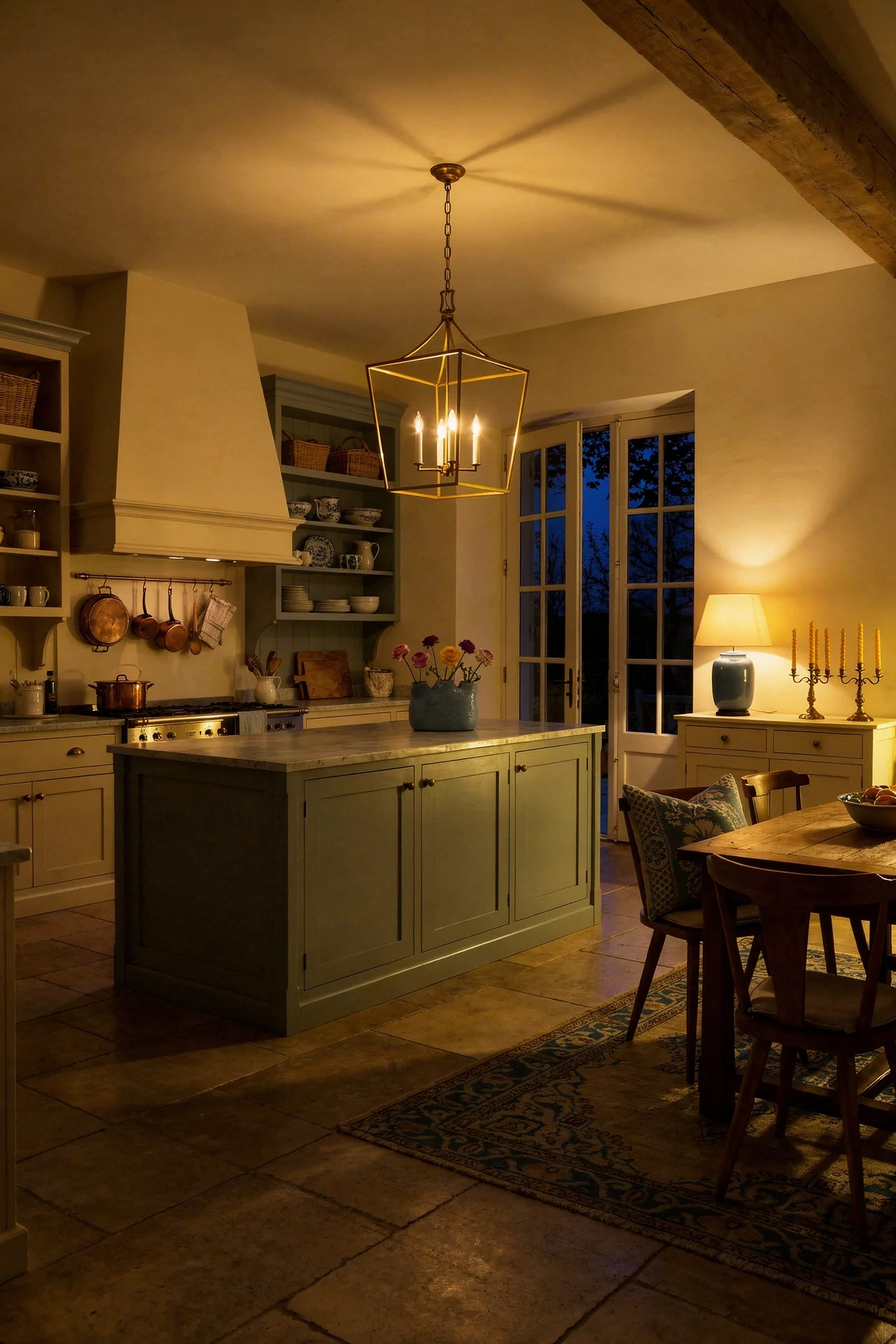 Blue French country kitchen evening lighting featuring brass lantern chandelier over chalky blue island