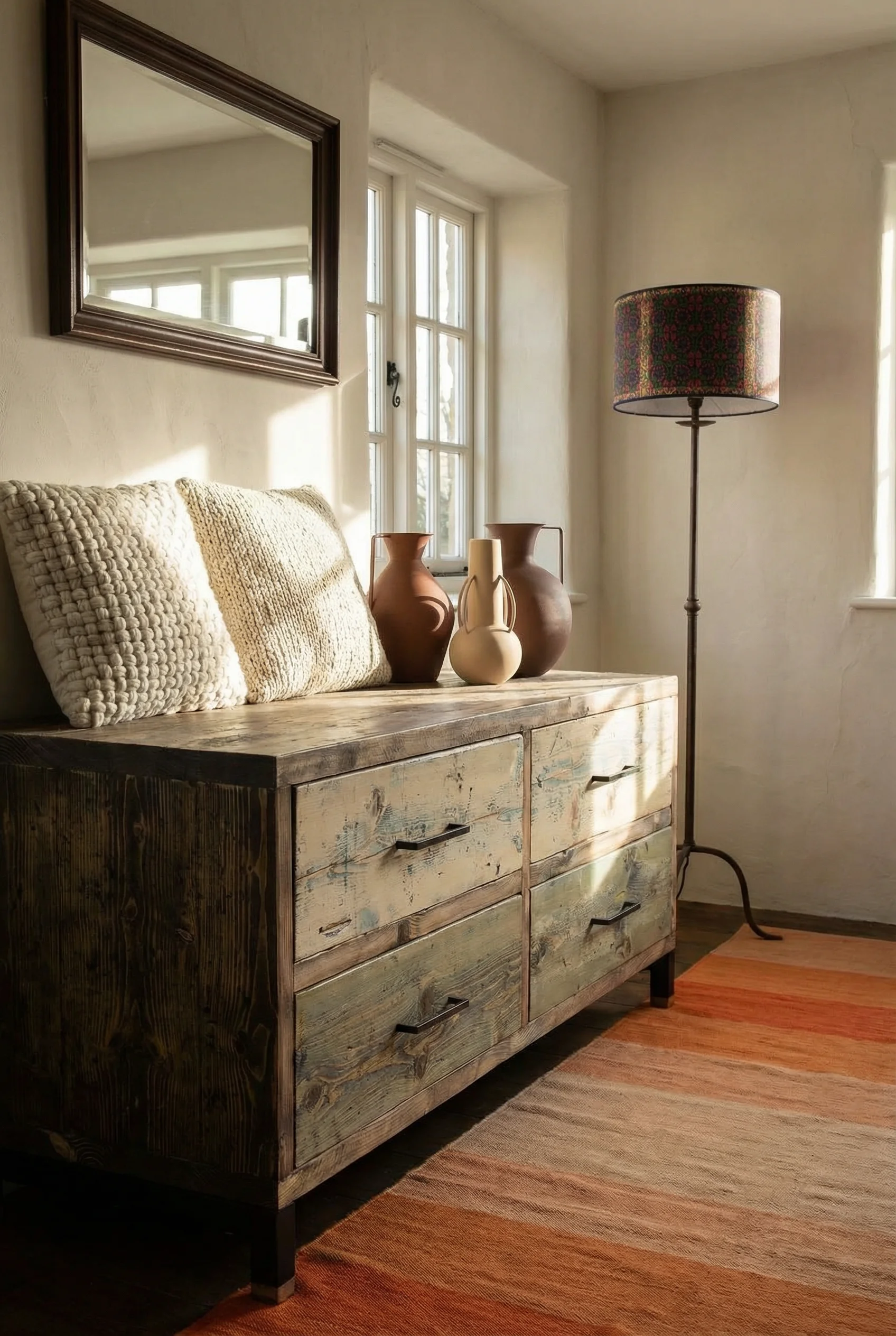French Country Living Room featuring reclaimed wood painted chest with Roman ceramic vases and iron floor lamp