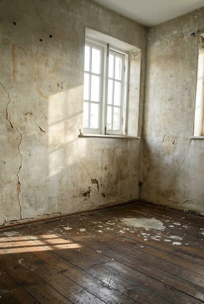 French Country Living Room featuring reclaimed wood painted chest with Roman ceramic vases and iron floor lamp empty room