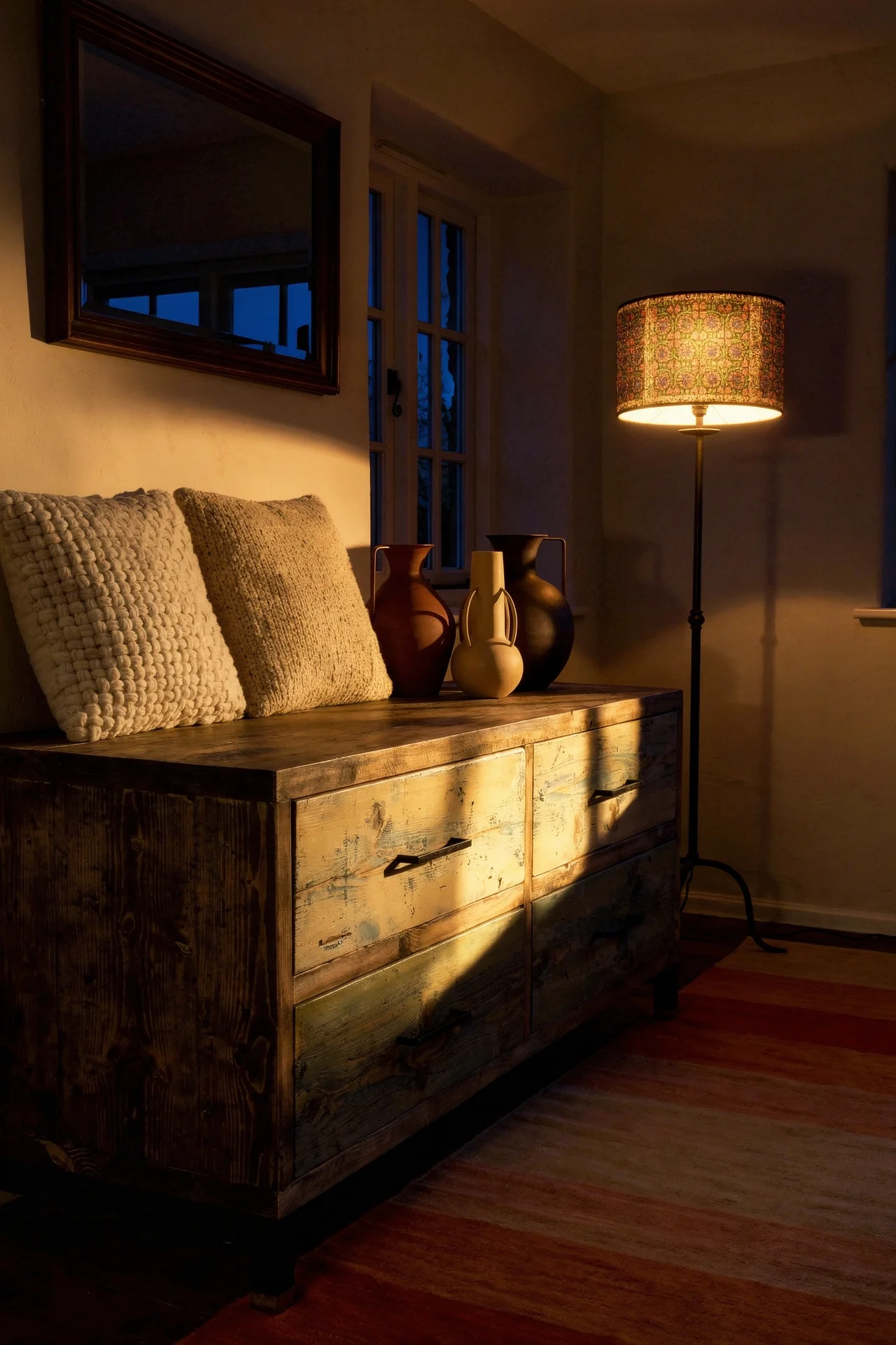 French Country Living Room featuring reclaimed wood painted chest with Roman ceramic vases and iron floor lamp evening mood