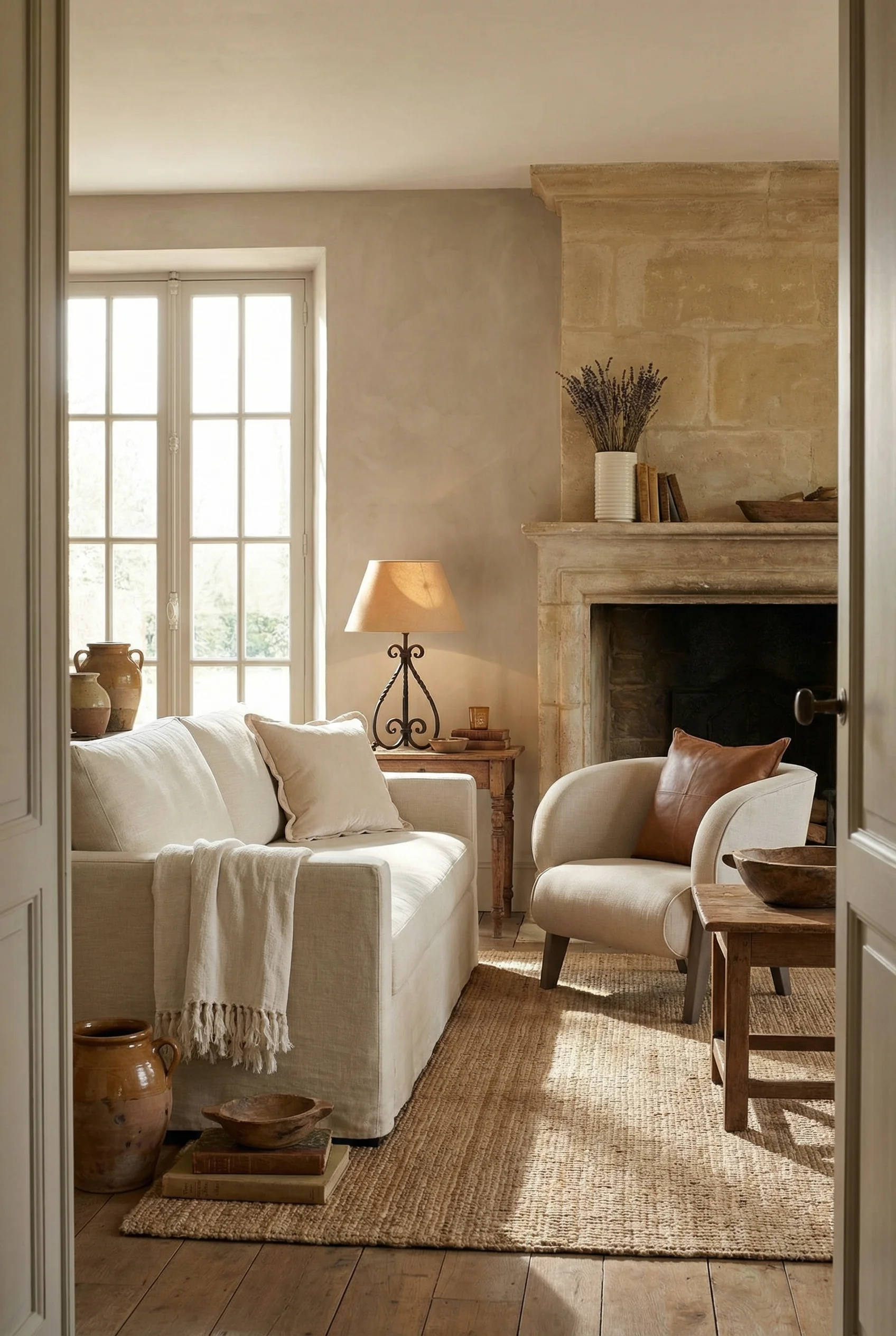 French Country Living Room featuring ivory linen slipcovered sofa with stone fireplace and jute rug