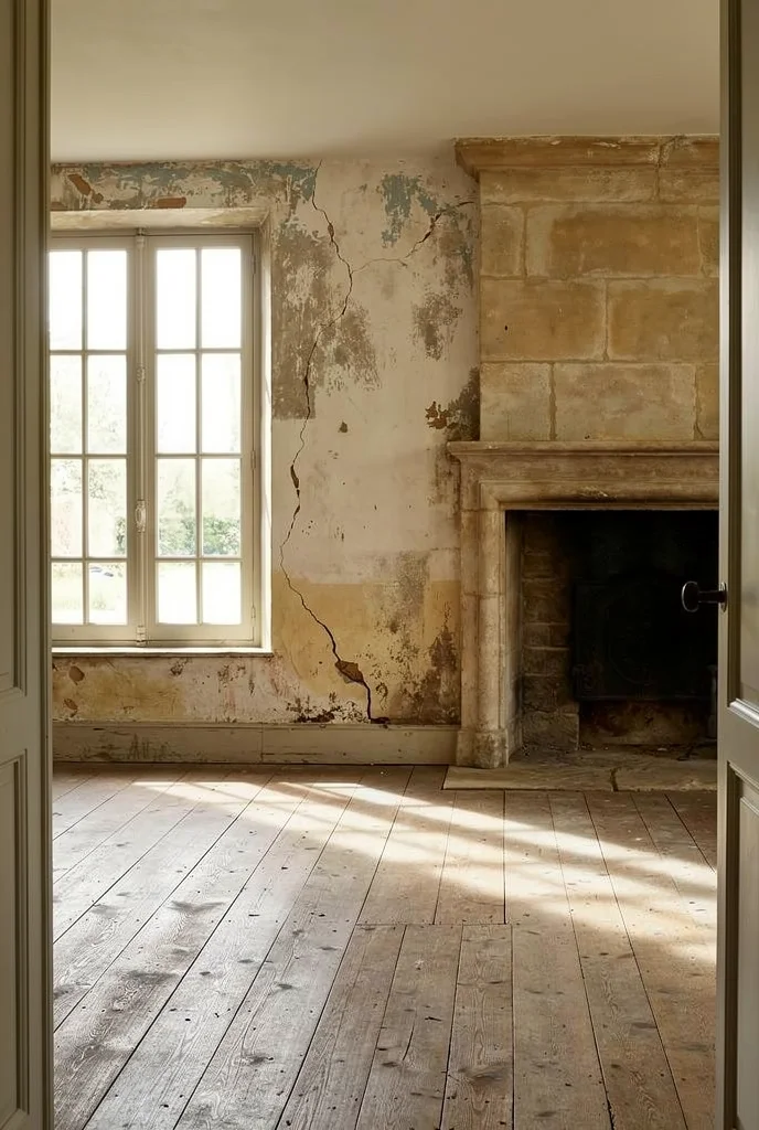 French Country Living Room featuring ivory linen slipcovered sofa with stone fireplace and jute rug empty room