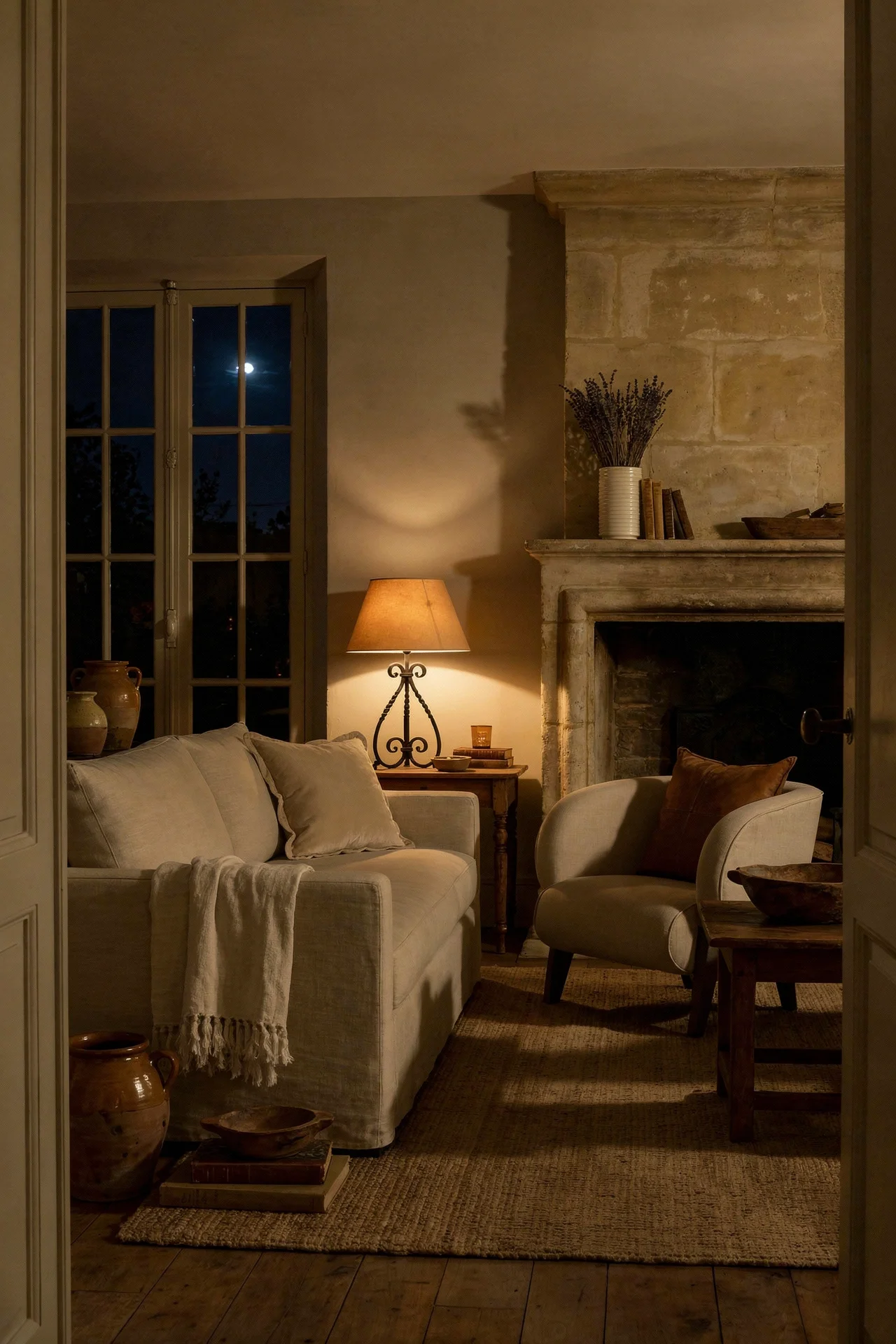 French Country Living Room featuring ivory linen slipcovered sofa with stone fireplace and jute rug evening mood