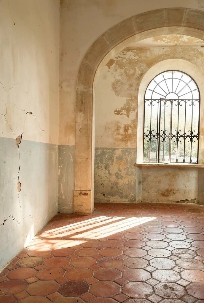French Country Living Room featuring oak console table with terracotta hexagonal tiles and stone archway empty room