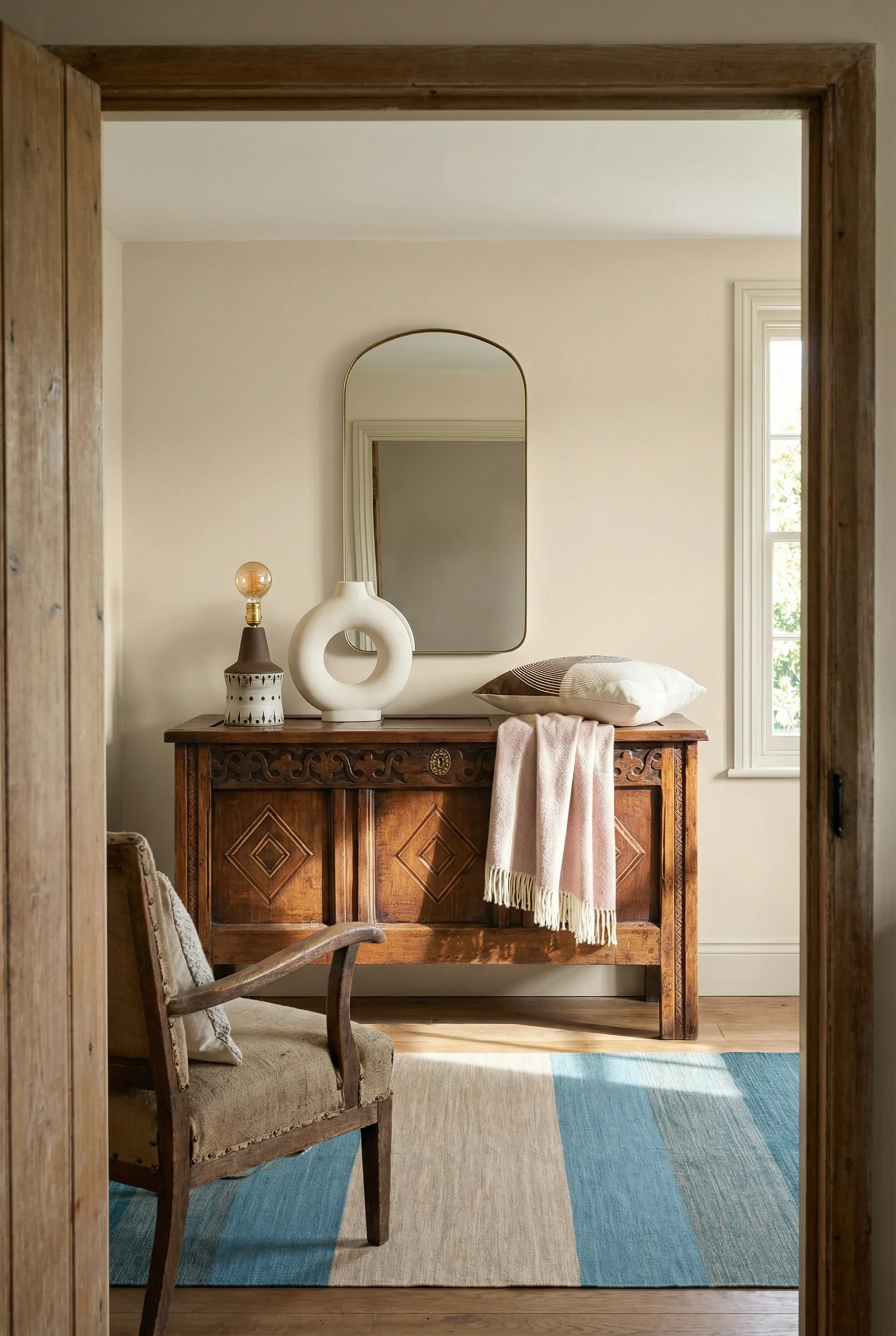 French Country Living Room featuring mahogany console with gilt arched mirror and striped rug