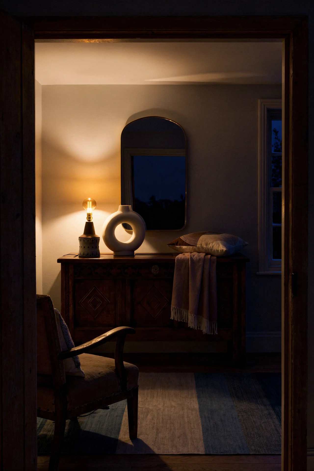 French Country Living Room featuring mahogany console with gilt arched mirror and striped rug evening mood