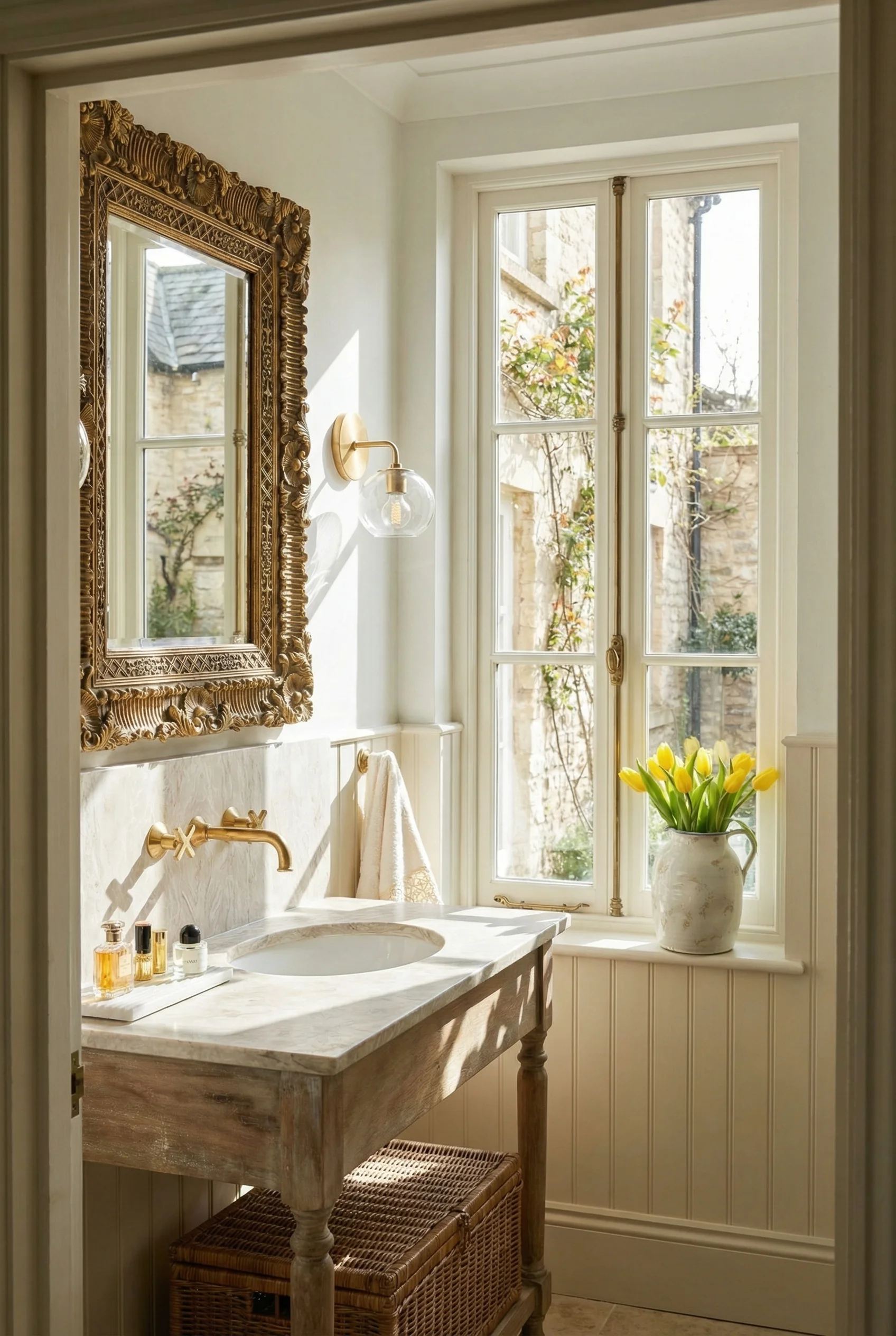 French country bathroom featuring unlacquered brass faucet with ornate gilded mirror and marble vanity