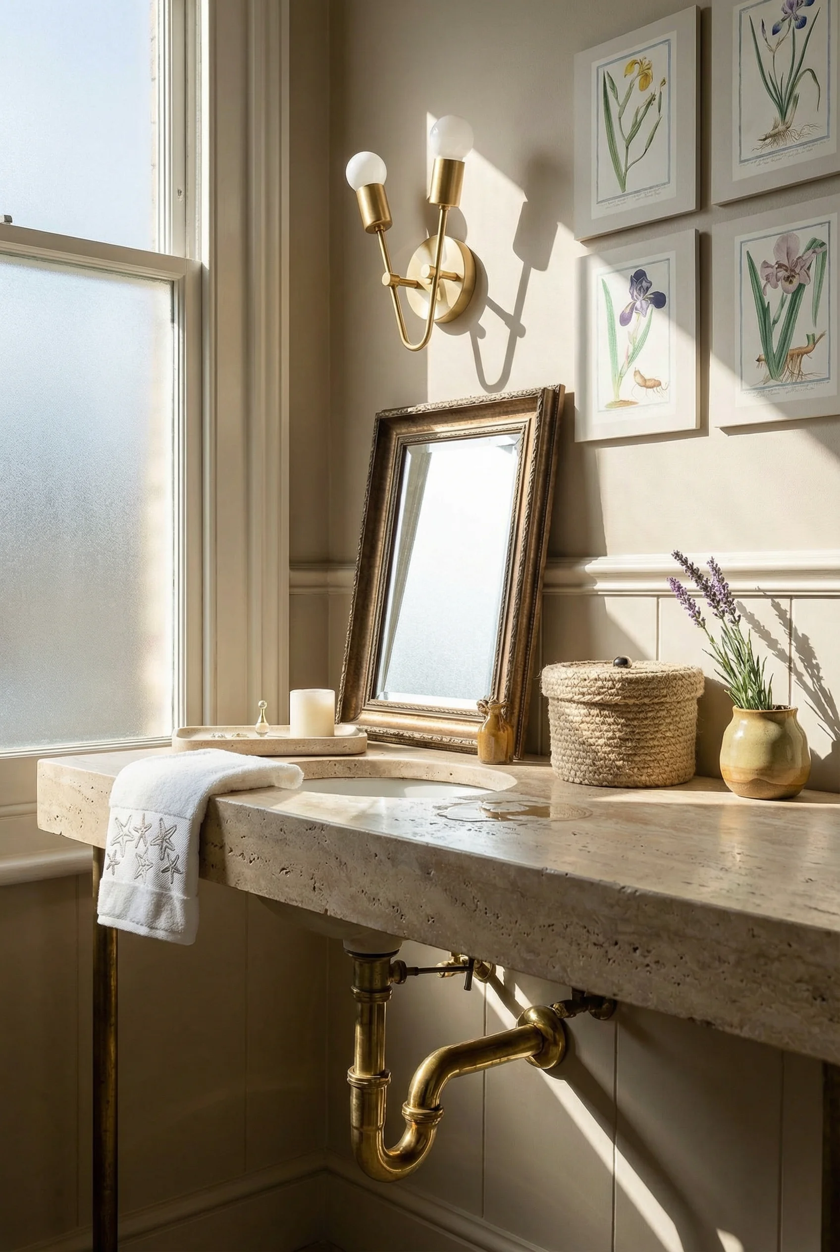 French country bathroom featuring gilt beveled mirror with exposed brass plumbing and travertine washstand