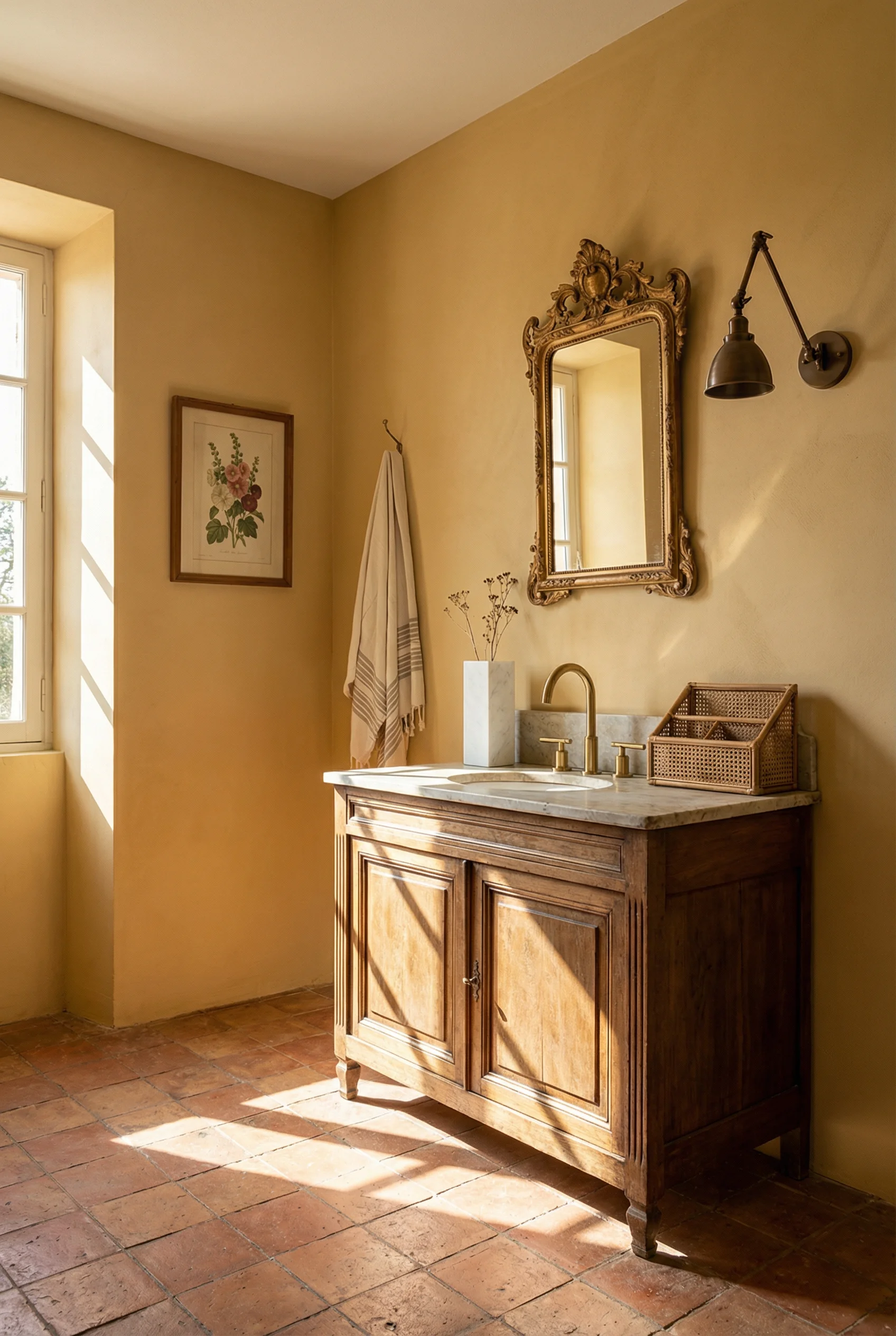 French country bathroom featuring brushed gold brass faucet with antique gilded mirror and ochre walls