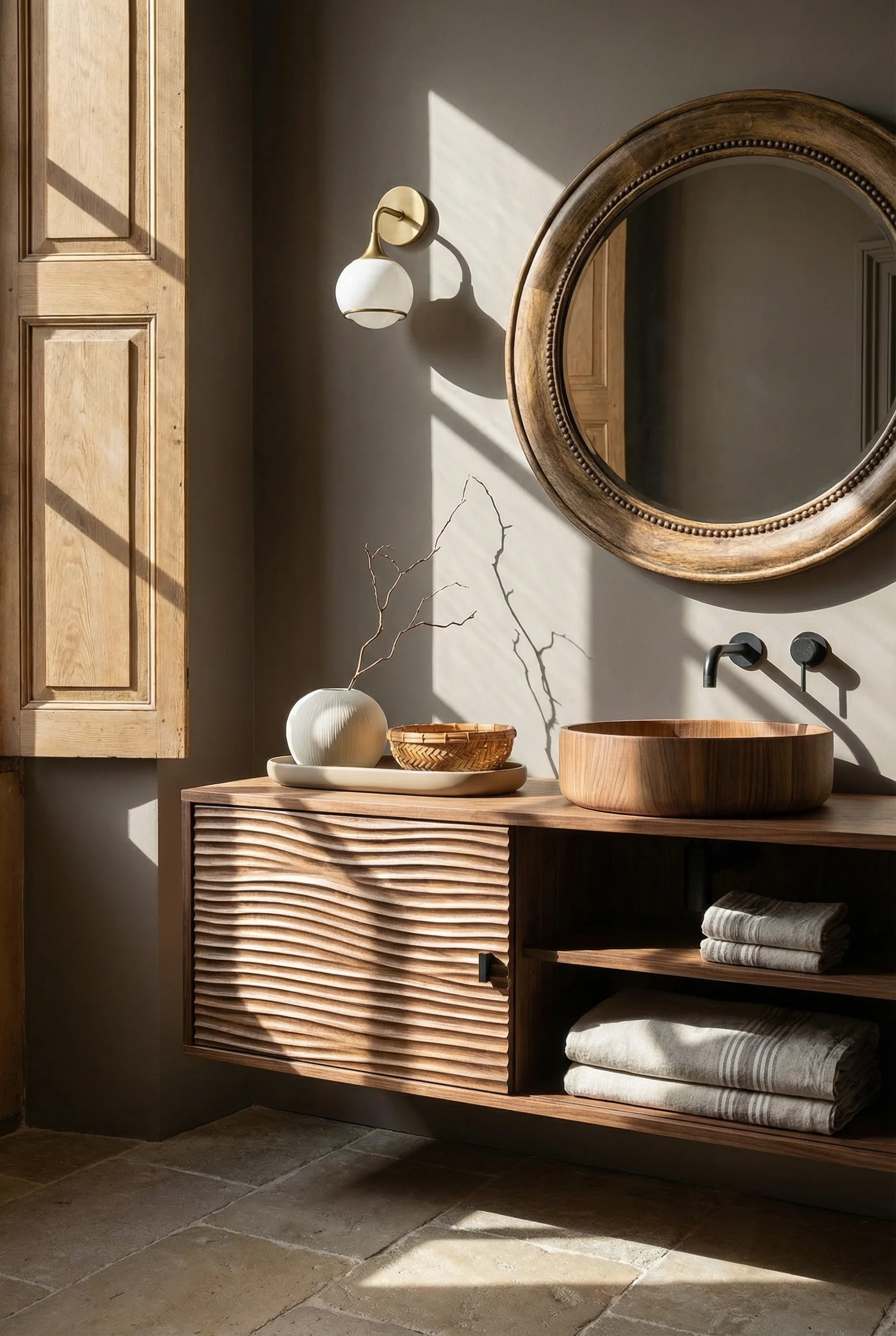 French country bathroom featuring carved wood mirror above wave textured vanity with rattan accents