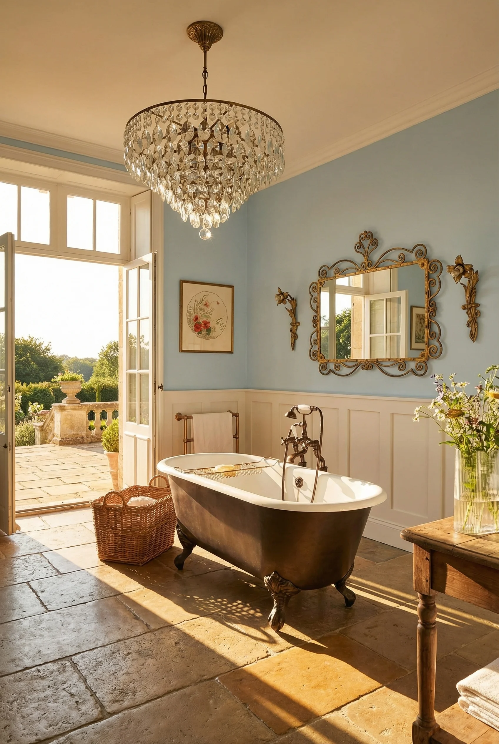 French country bathroom featuring cast iron clawfoot tub with crystal chandelier and gilt bronze mirror