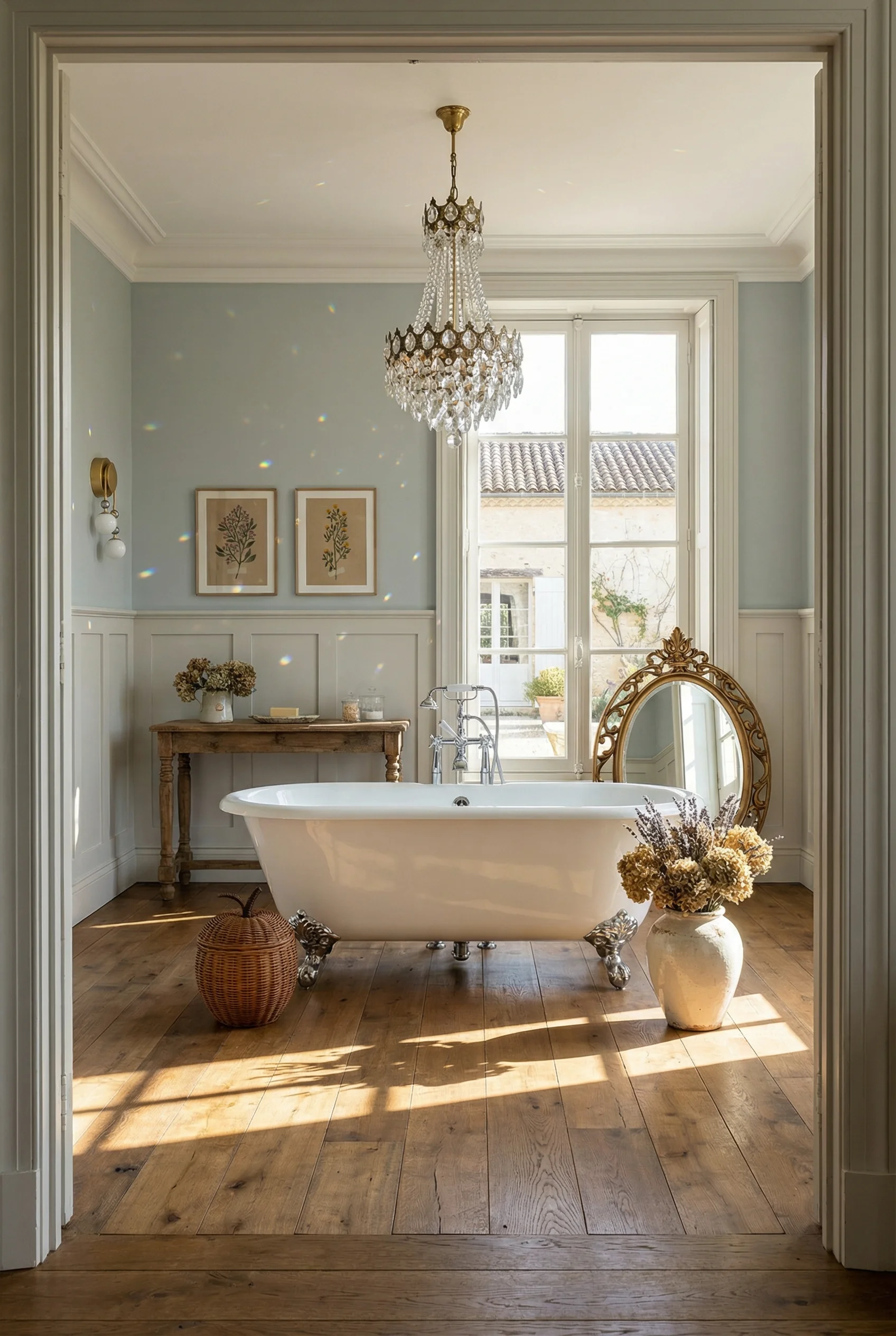 French country bathtub featuring cast iron clawfoot tub with crystal chandelier and ornate gold mirror