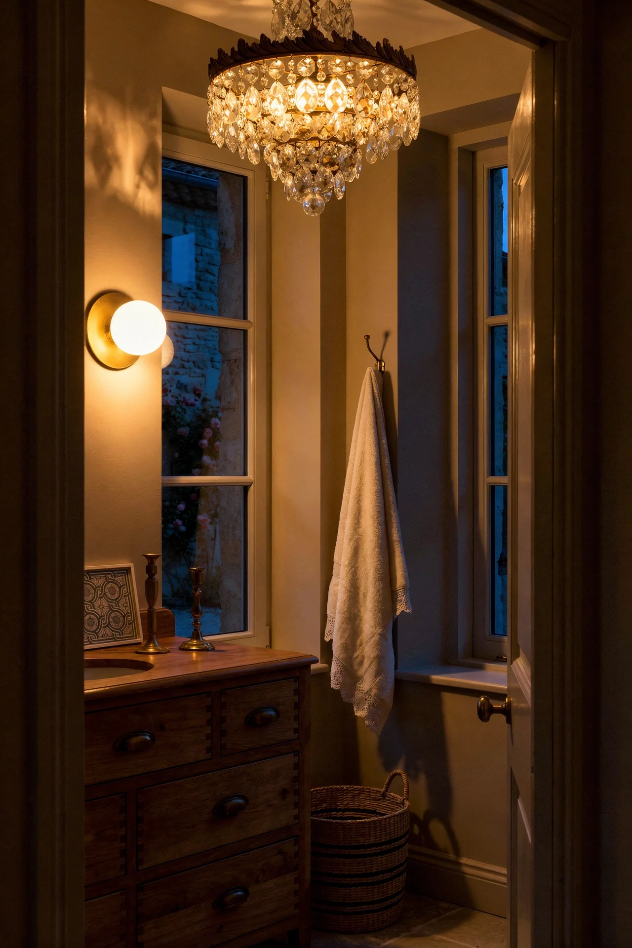 French Country Bathroom evening lighting antique bathroom reproduction