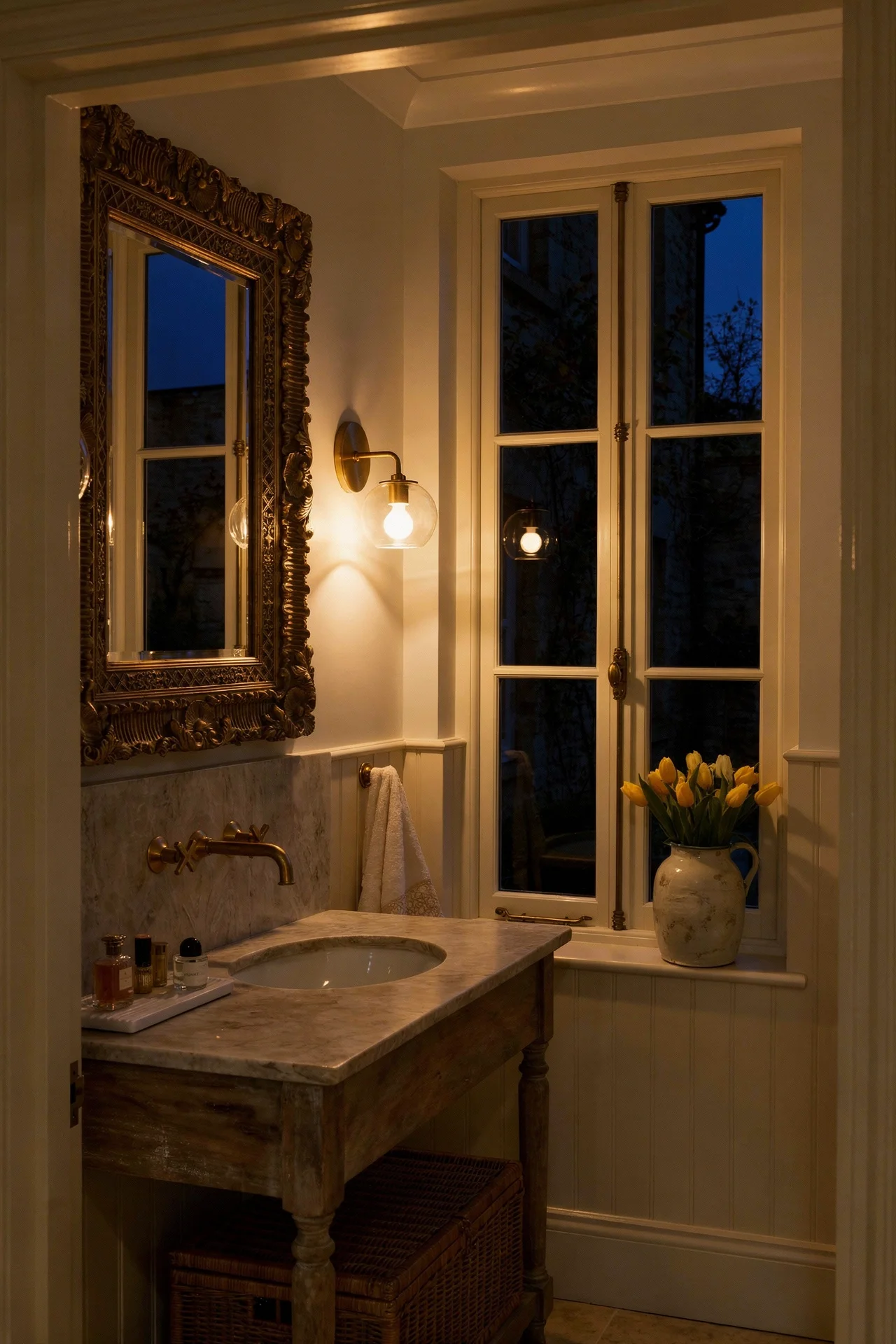 French country bathroom evening lighting featuring unlacquered brass faucet with ornate gilded mirror