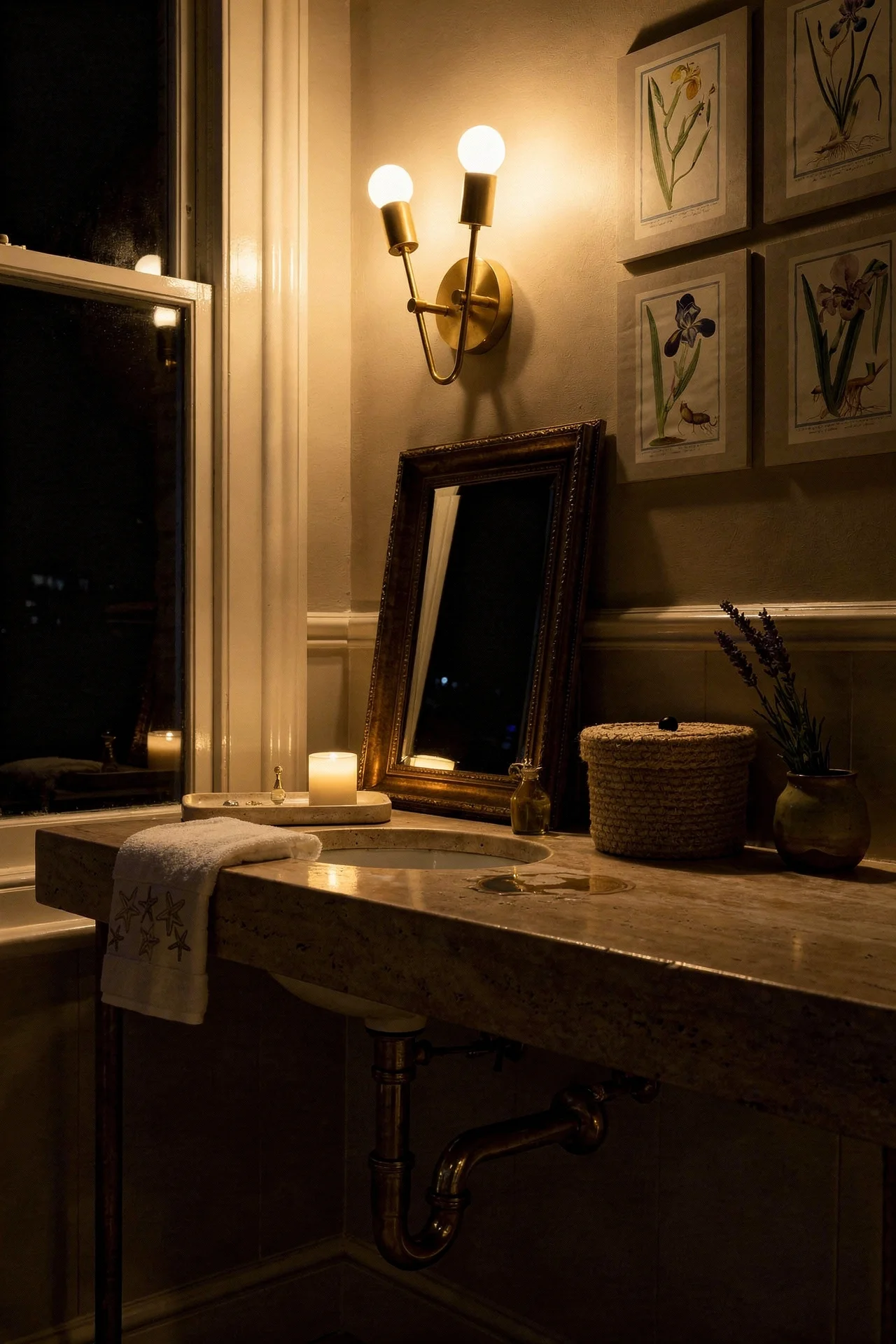 French country bathroom evening lighting featuring gilt beveled mirror with exposed brass plumbing