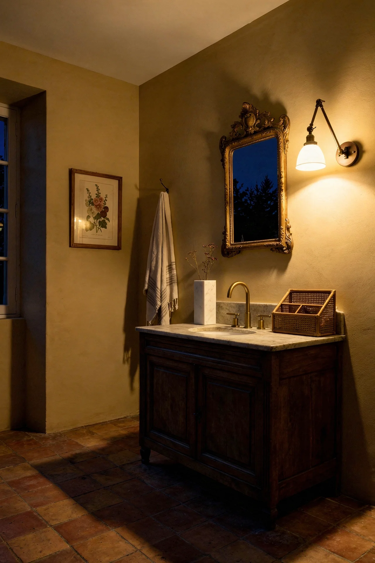 French country bathroom evening lighting featuring brushed gold faucet with antique gilded mirror