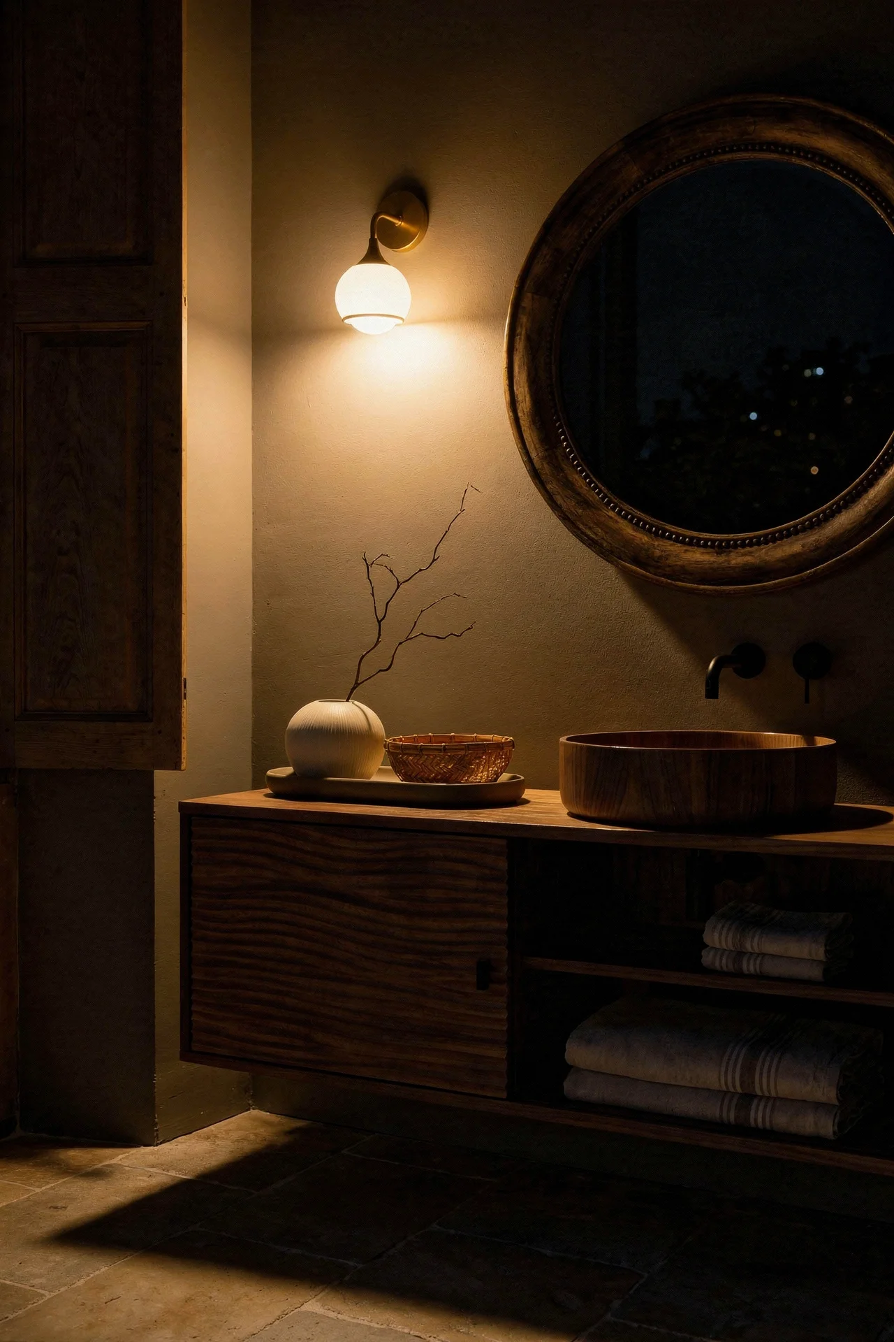 French country bathroom evening lighting featuring carved wood mirror above wood vanity with rattan accents