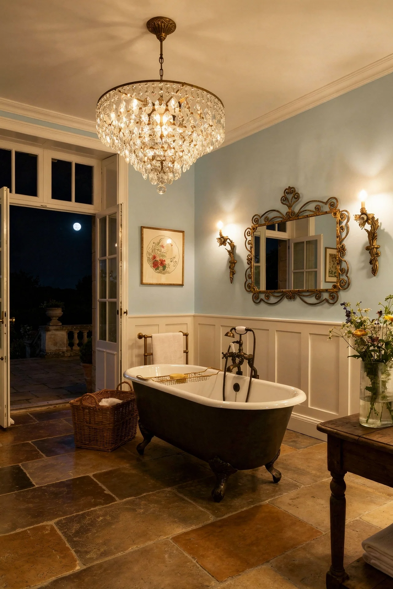 French country bathroom evening lighting featuring cast iron clawfoot tub with crystal chandelier
