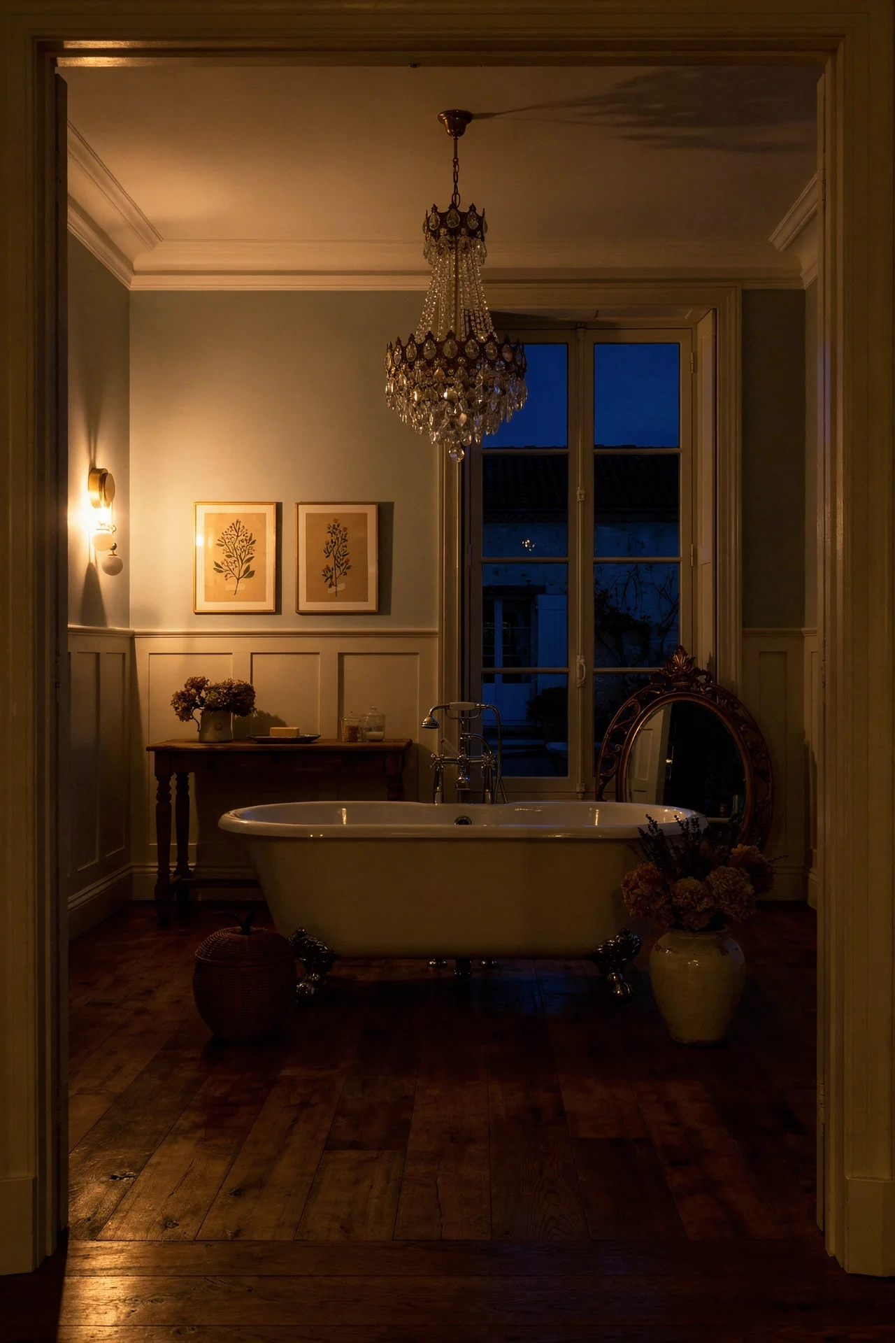 French country bathroom evening lighting featuring clawfoot tub with crystal chandelier