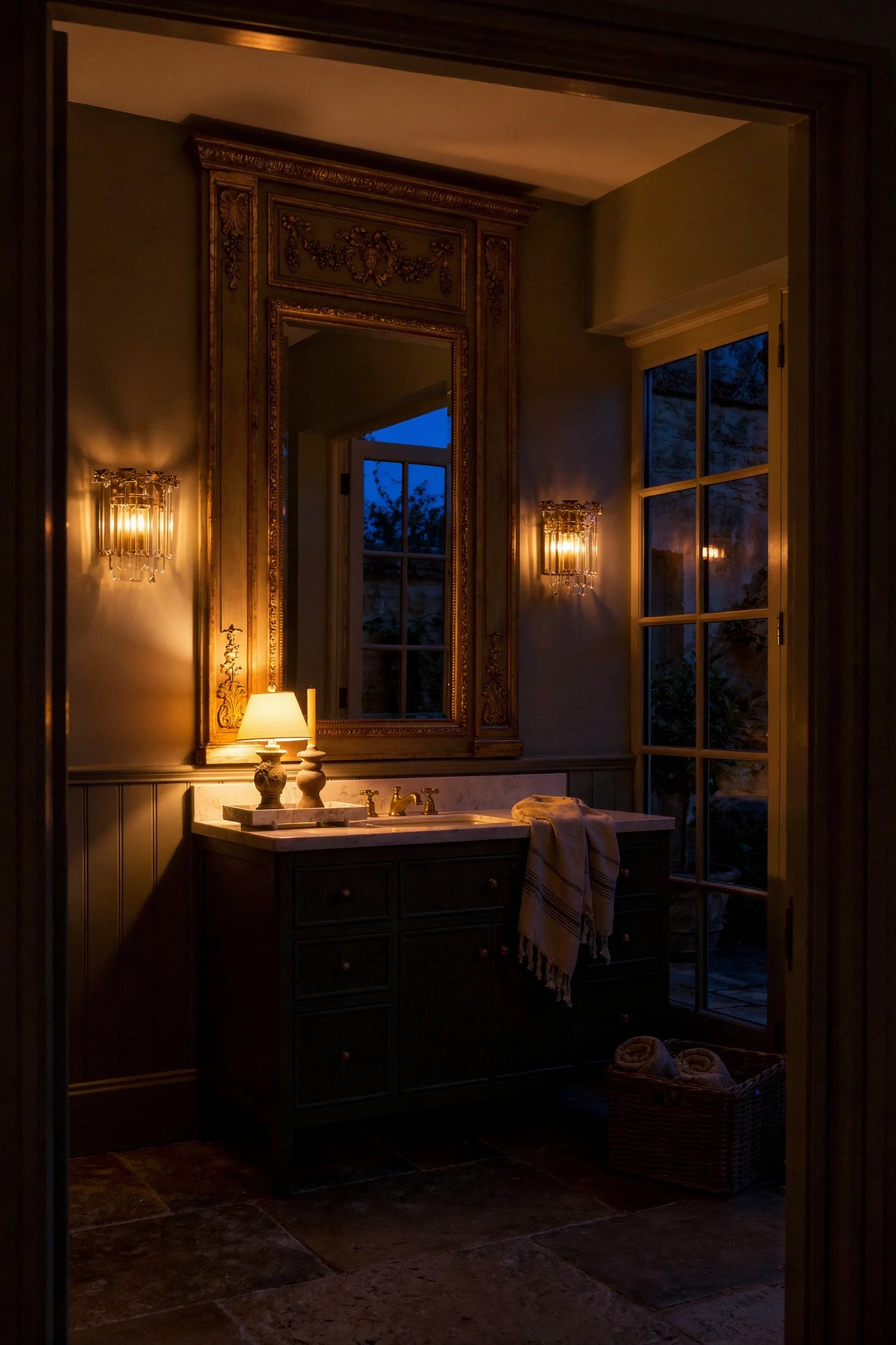 French Country Bathroom evening lighting french country bathroom mirror