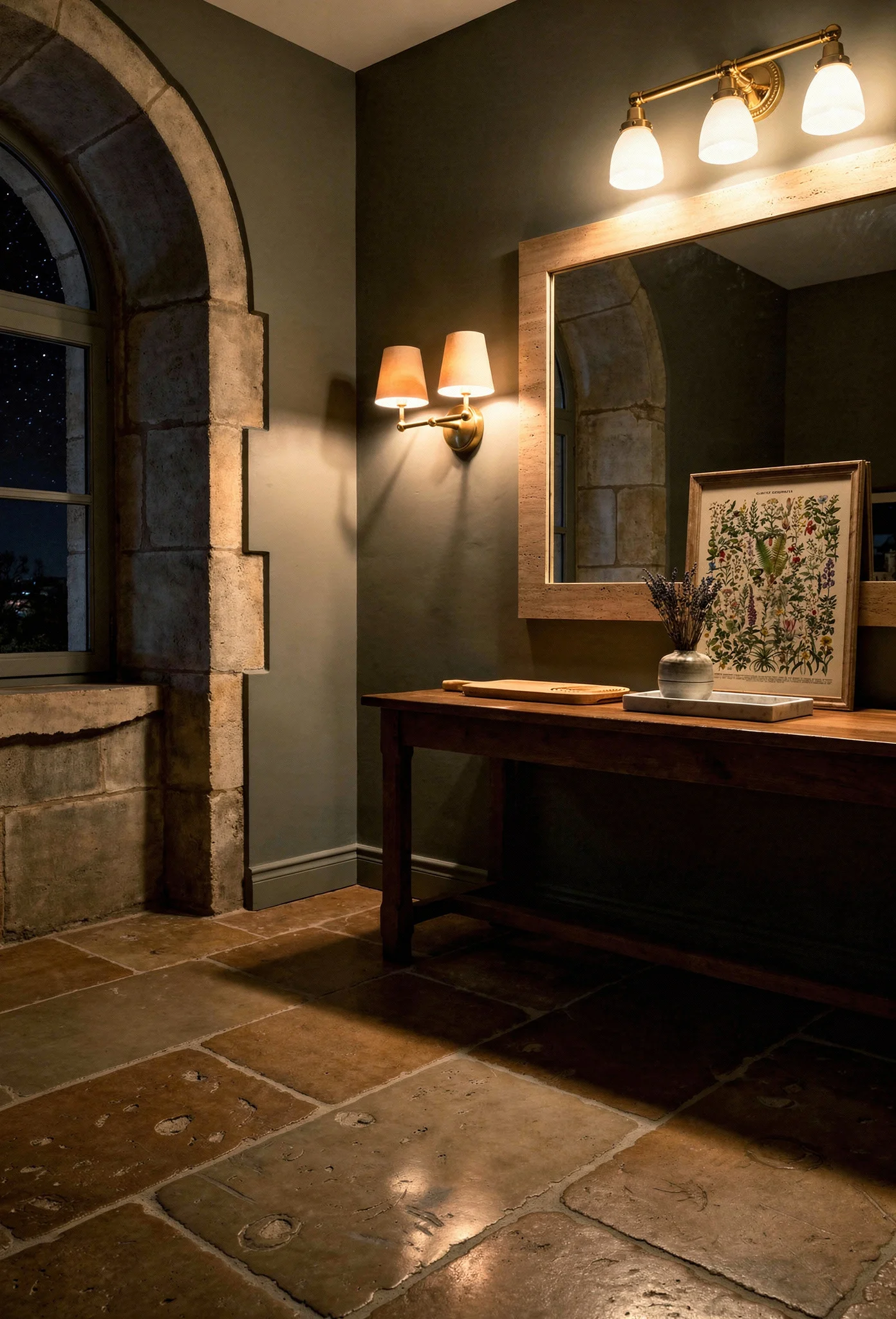 French country bathroom evening lighting featuring travertine mirror with brass sconces