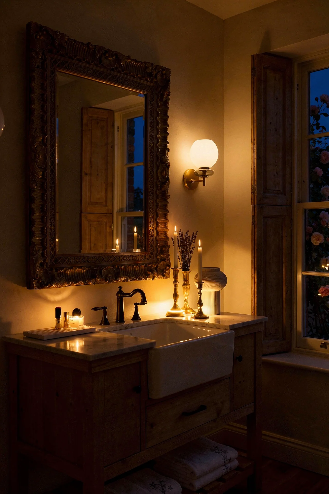 French Country Bathroom evening lighting limewash bathroom walls