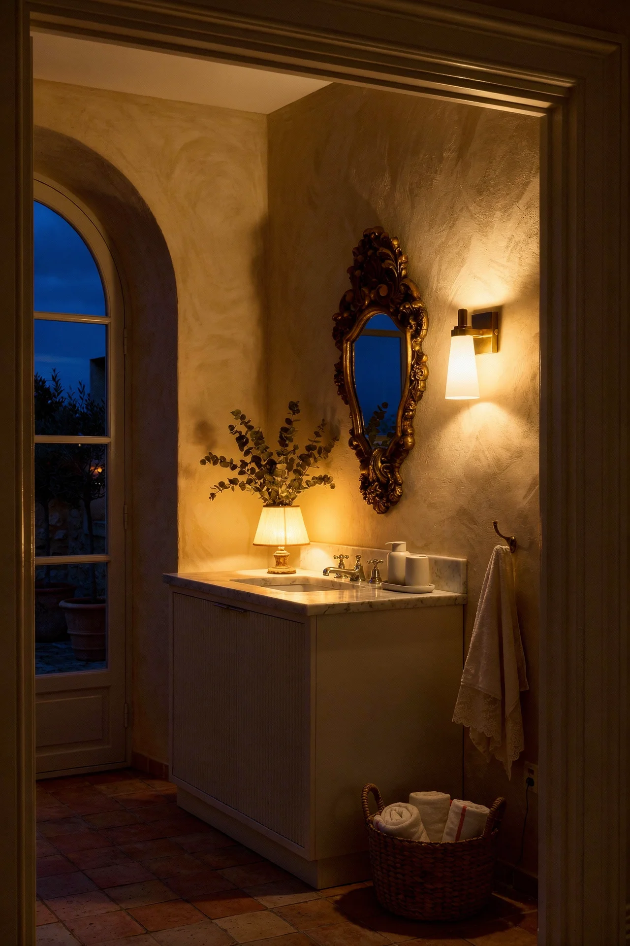French Country Bathroom evening lighting limewash bathroom walls