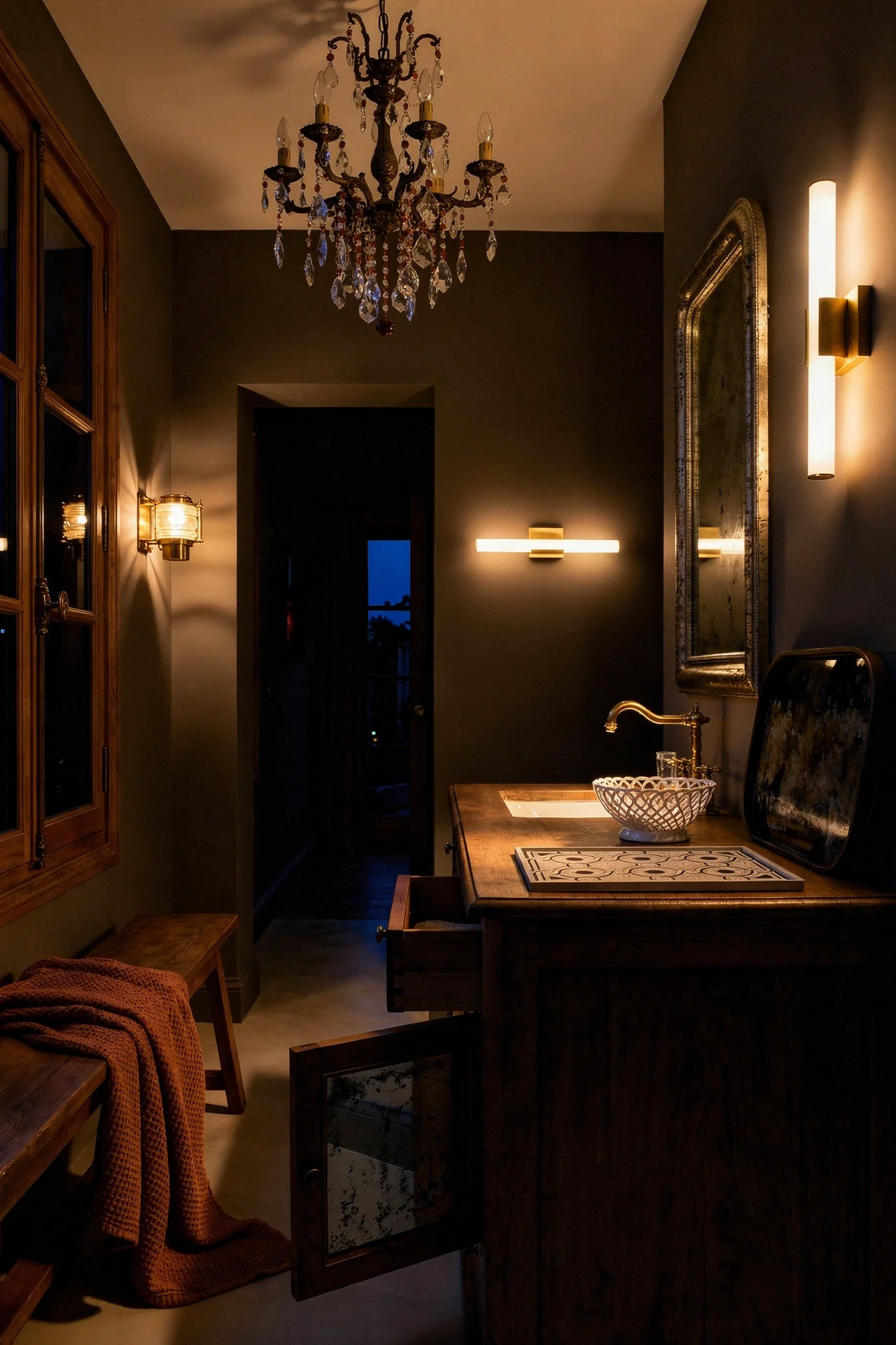French Country Bathroom evening lighting featuring amber crystal chandelier with mercury glass vanity